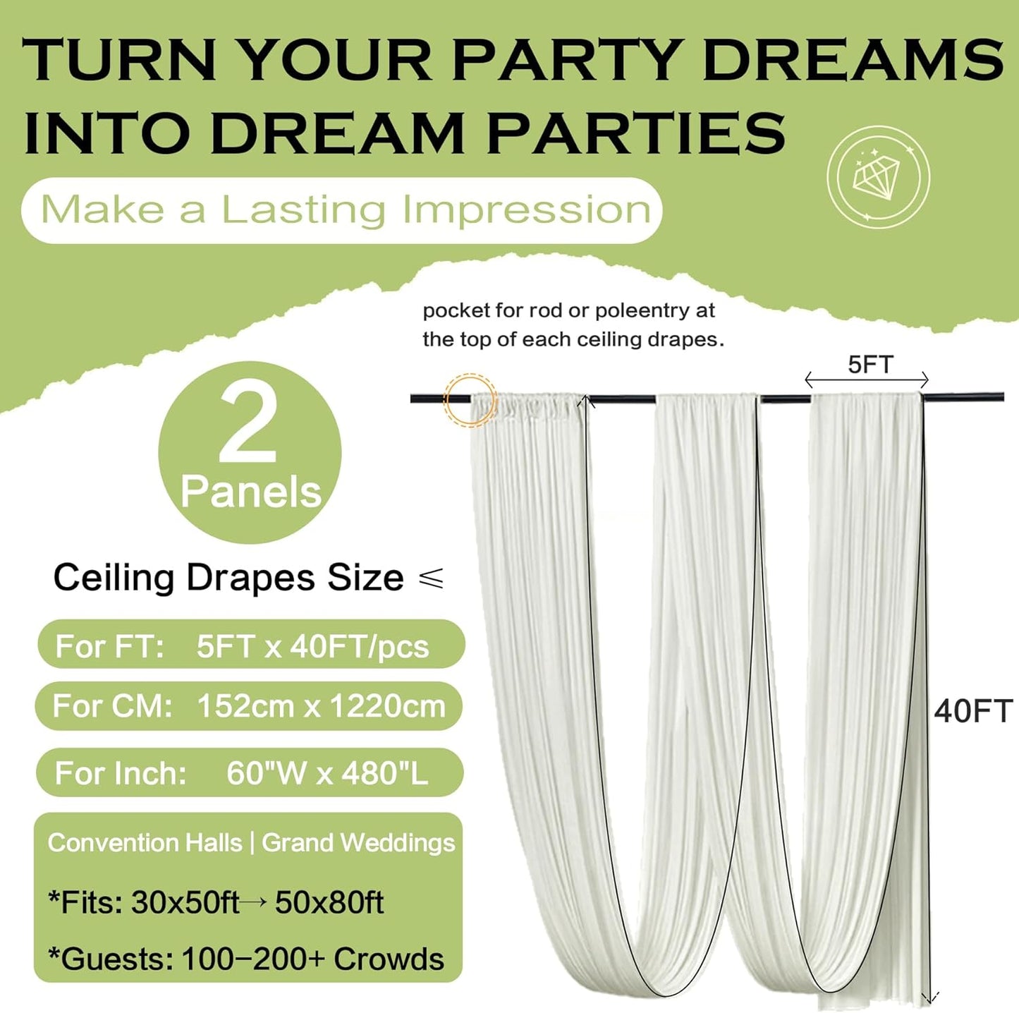 PartyVillage 10ftx40ft Ivory Ceiling Curtain for Wedding Parties – 2 Panels Wrinkle-Free 40 FT Long Tent Draping Curtains for Wedding, Birthday & Theme Parties, 40ft Height with Rod Pocket