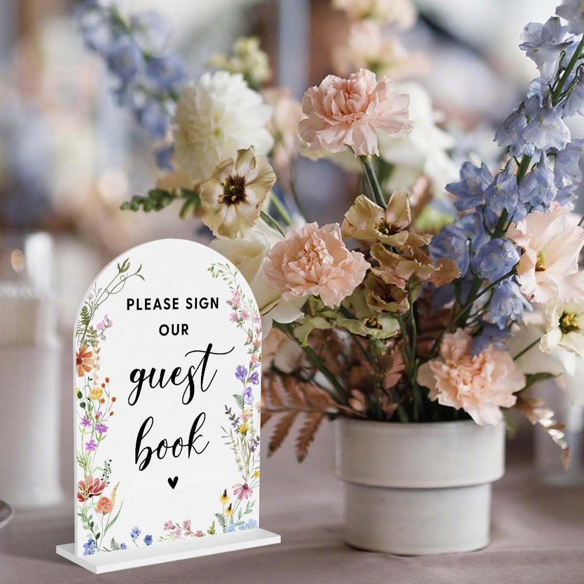 Acrylic Wedding Signs, Bridal Shower Decorations, Modern Arched Round Top Acrylic Table Top Sign with Holder for Wedding Reception Party Dinner - Please Sign Our Guestbook (White Wildflowers)