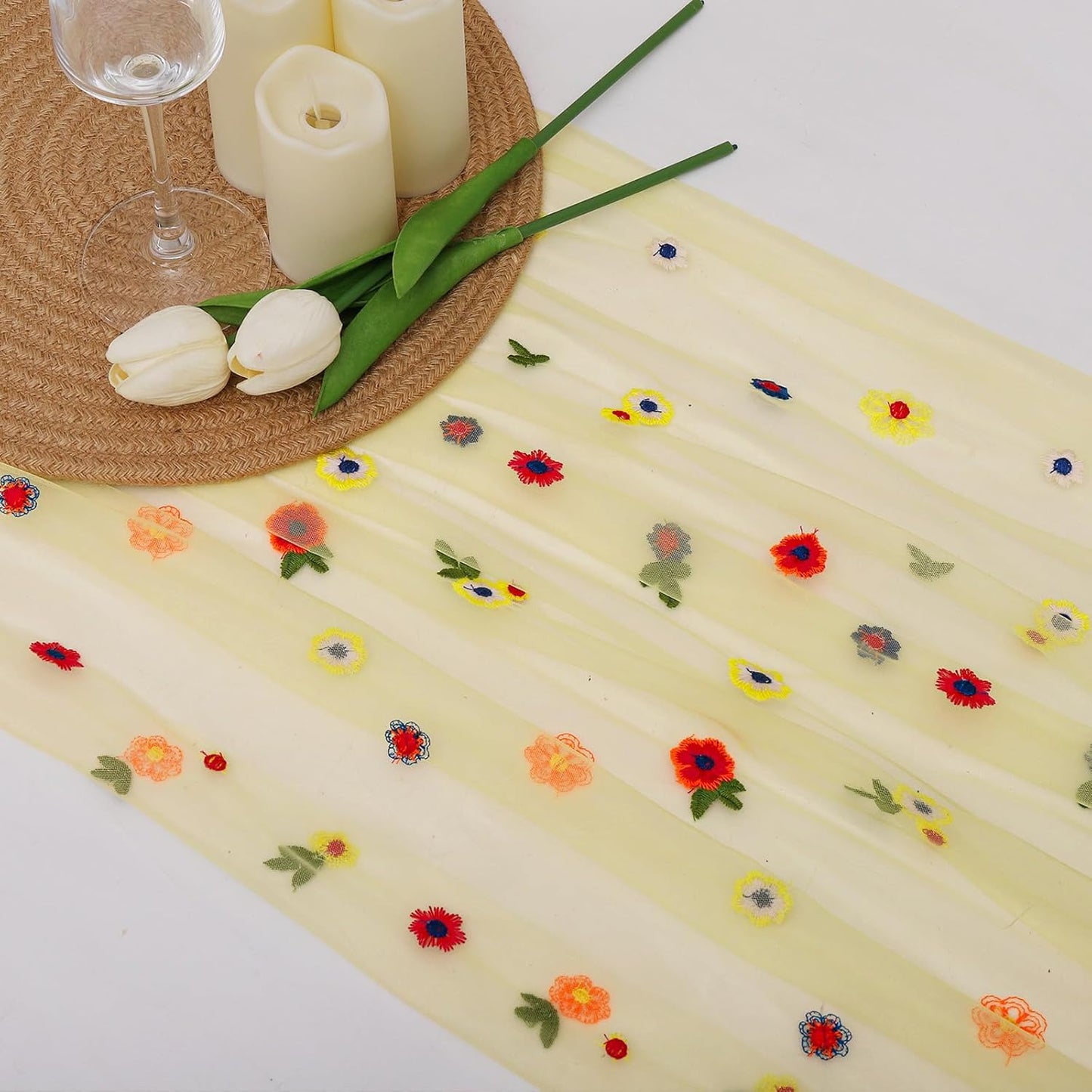 BINBE 6pcs Daisy Fall Table Runner Embroidery Gauze 10FT Florals Seasonal Tulle Holiday Birthday Kitchen Dining Table Decor for Home Party Yellow