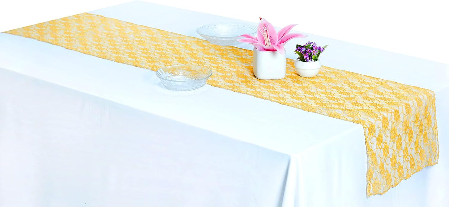 MDS Pack of 20 Wedding 12 x 108 inches Lace Table Runner for Wedding, Decorations for Birthday Parties, Banquets, Graduations, Engagements, and Runners fit Rectangle, Round Table- Yellow Gold