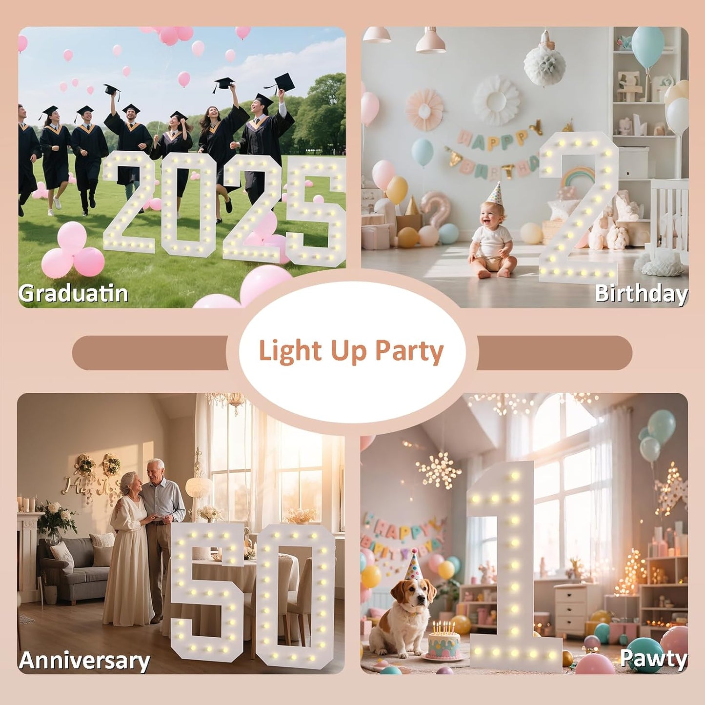 LOBOOM 4FT Light Up Numbers, Marquee Numbers 4 Feet Tall Giant Number 80 Mosaic Big Number Sign for 80th Birthday Party Backdrop Anniversary Decorations, Pre-Cut Large Frame