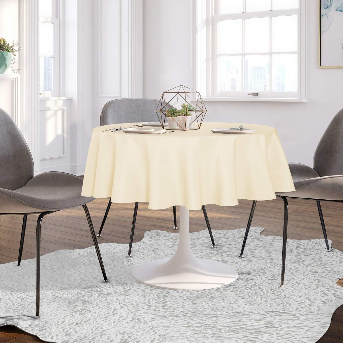 sancua Round Tablecloth - 60 Inch - Water Resistant Spill Proof Washable Polyester Table Cloth Decorative Fabric Table Cover for Dining Tables, Buffet Parties and Camping, Beige