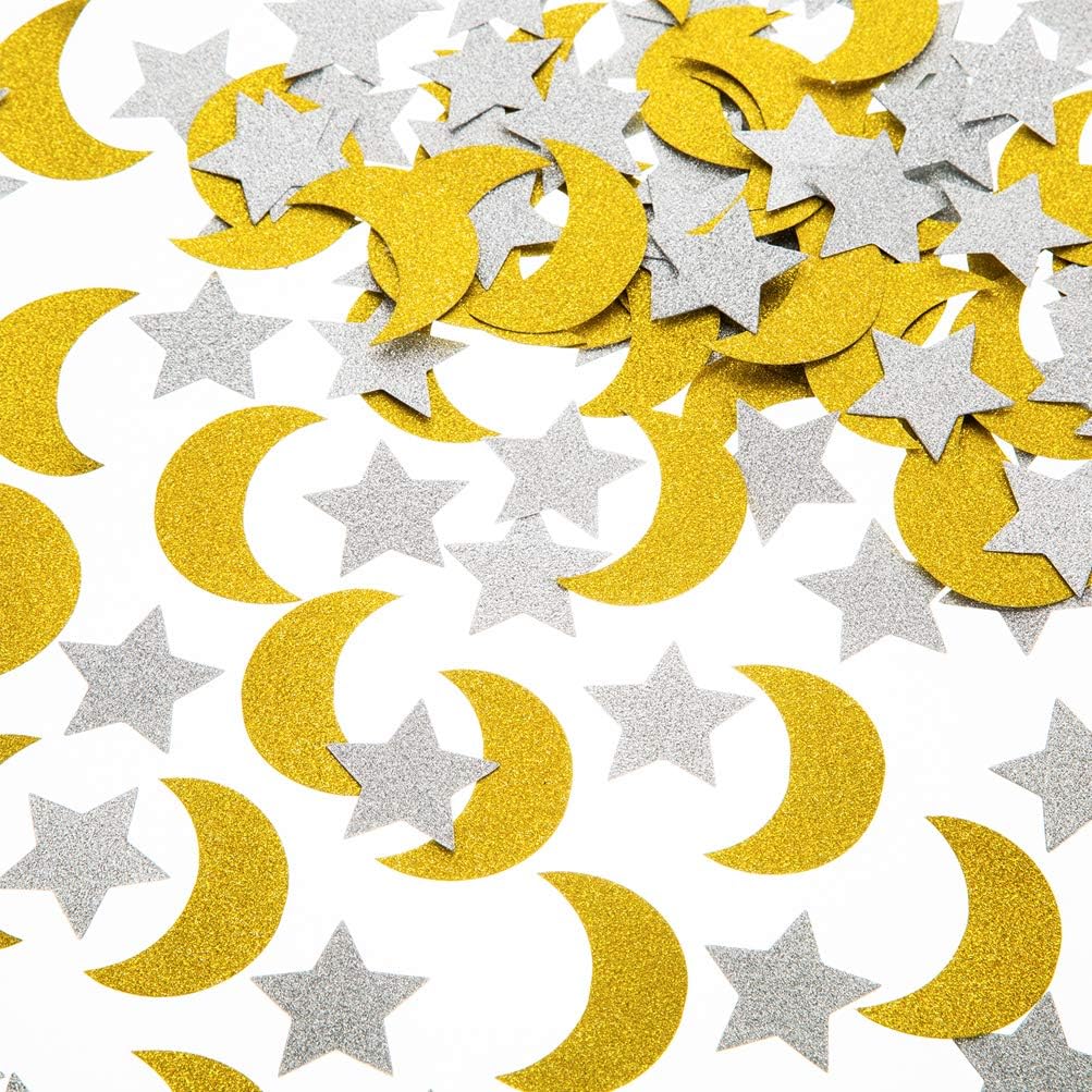 Glitter Confetti Star and Moon for Table Wedding Birthday Eid Party Decoration, 1.2 inch in Diameter(gold,silver,200pc)