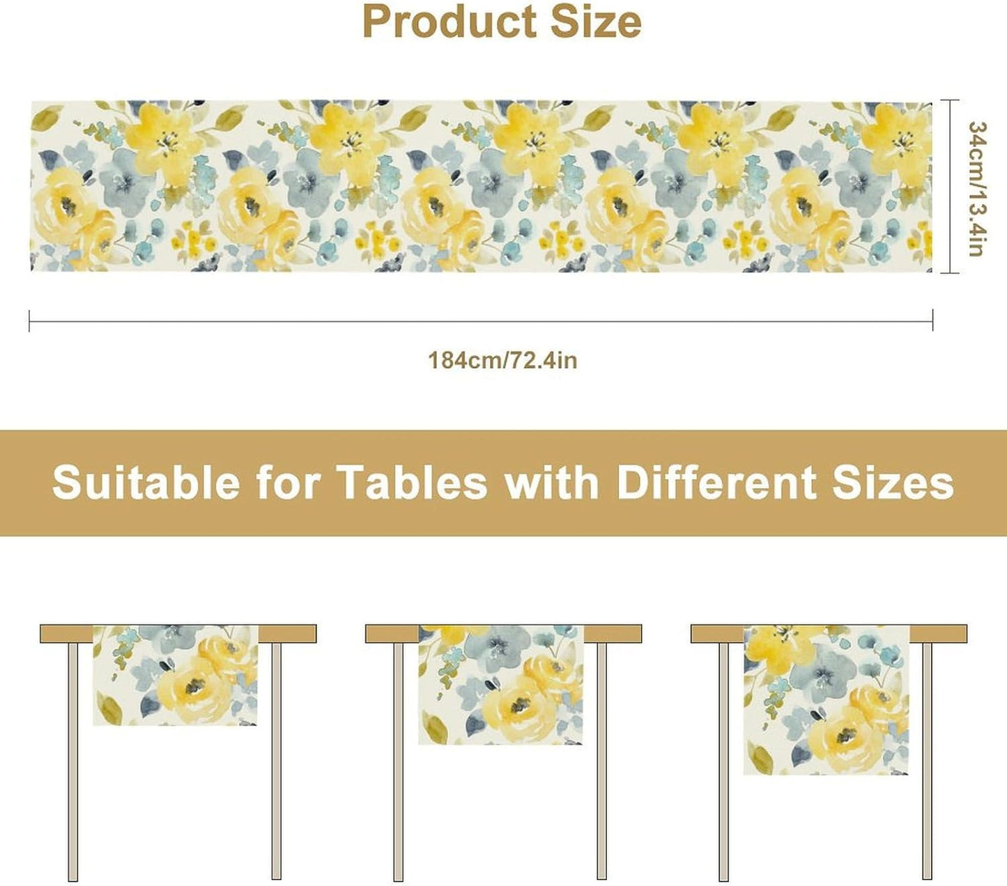 Watercolor Floral Table Runner, Seasonal Summer Yellow Flower Print Kitchen Dinning Table Runner for Indoor Outdoor Home Wedding Party Holiday, 13x120 Inch