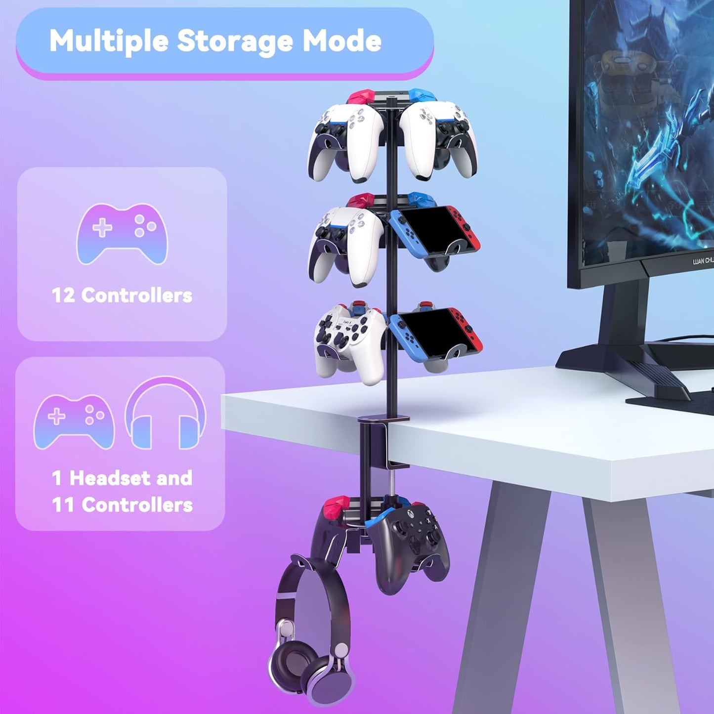 Rotatable 4 Tier Desk Clamp Controller Headset Stand, Universal Under Desk Controller Holder Rack for PS5 Xbox Nintendo Switch PC PS4, Aluminum Gaming Headphone Hanger, Black