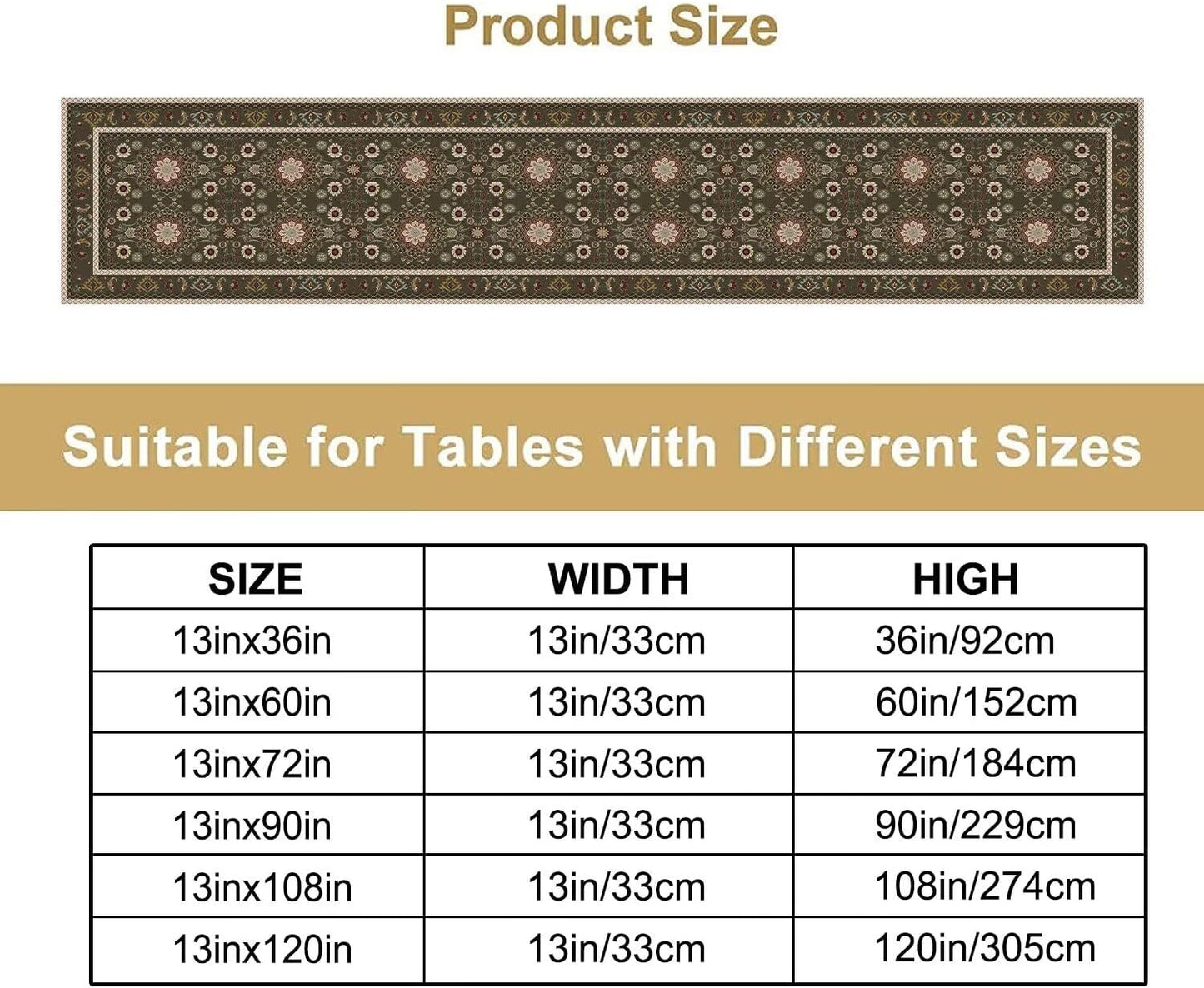 Vintage Boho Floral Table Runner, Rustic Country Farmhouse Brown Bohemia Flower Pattern for Home Kitchen Table Decor Dining Coffee Room Party Decor 13x90in