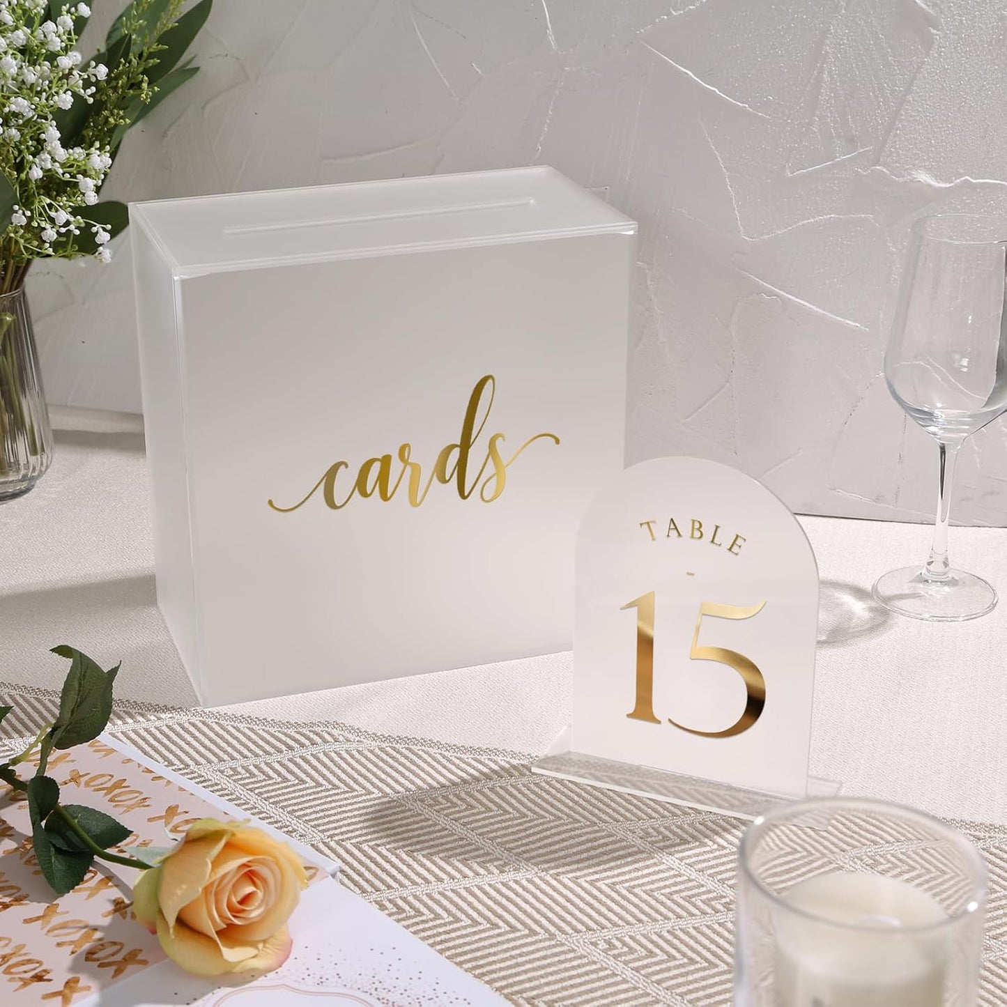 UNIQOOO Frosted Arch Wedding Table Numbers 1-15 w/Stands, Gold Foil Printed 5x7 Acrylic Display Signs &Holders, Pack of 15, Perfect for Centerpiece, Reception, Decoration, Party, Anniversary, Event