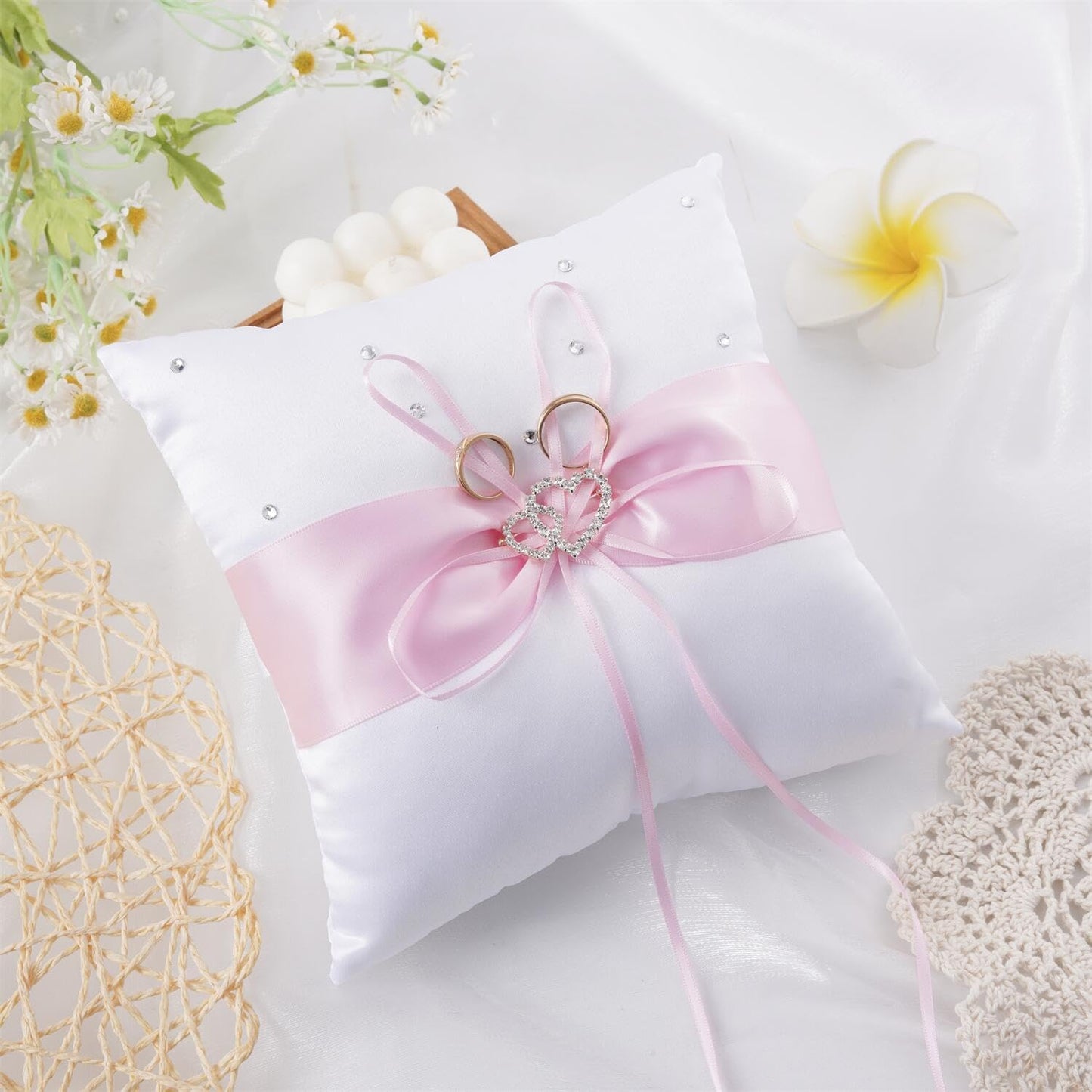 QIRMIZI Wedding Ring Pillow and Flower Girl Basket Set – Adorned with Pearl Rhinestones, White Satin,Pink