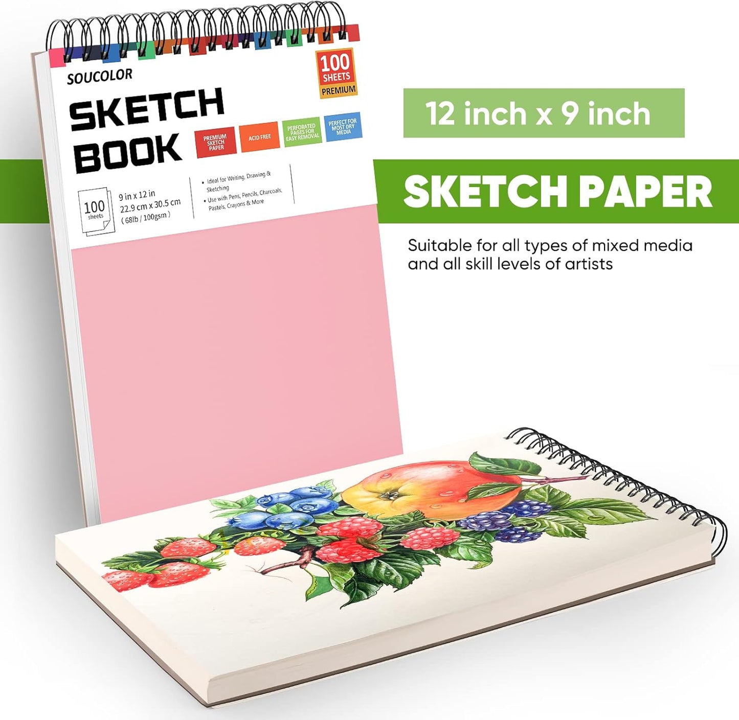 Art Supply Set - Sketching & Drawing Kit, Sketchbook Art Paper for Beginner Artists, Soucolor 9" x 12" Sketch Book, 2-Pack 100 Sheets Spiral Bound Sketchbook, Acid Free
