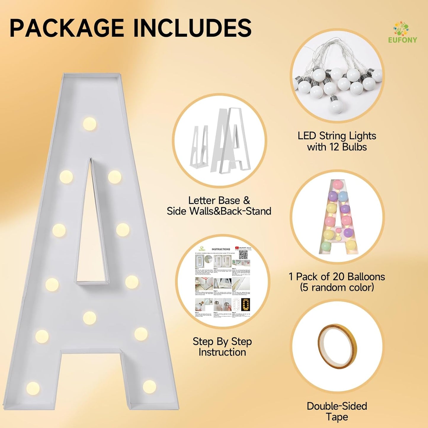 eufony Marquee Letters 4 Feet Tall, 4 FT Marquee Light Up Letters, Giant Light Up Letters 4FT for Birthday Party Baby Shower Gender Reveal Graduation Decorations, Letter F with LED Lights DIY Kit