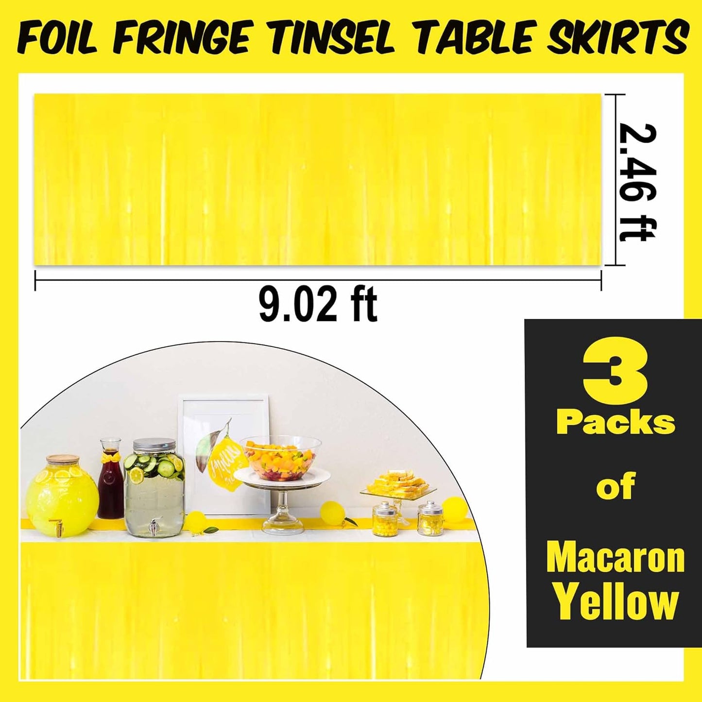 3 Pack 29 x108 Inch Macaron Yellow Foil Fringe Table Skirts Metallic Banner for Tinsel Streamer Garland Backdrop for Parade Floats Mother's Day, Graduate, Birthday, Wedding Party Decoration