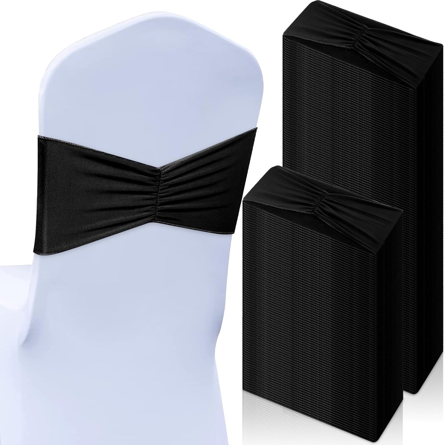 Moukeren 100 Pcs Spandex Chair Sashes Bows Bands Slider Sashes for Chair Covers Elastic Bands Ties Ribbon Decorations for Wedding Party Events Ceremony Birthday Banquet(Black)