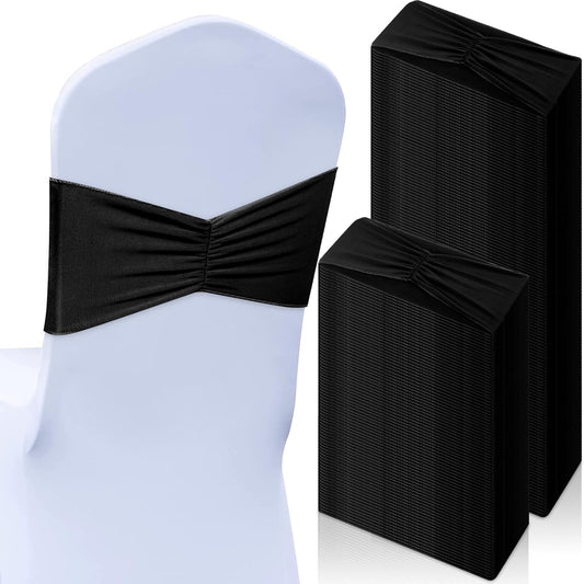 Moukeren 100 Pcs Spandex Chair Sashes Bows Bands Slider Sashes for Chair Covers Elastic Bands Ties Ribbon Decorations for Wedding Party Events Ceremony Birthday Banquet(Black)