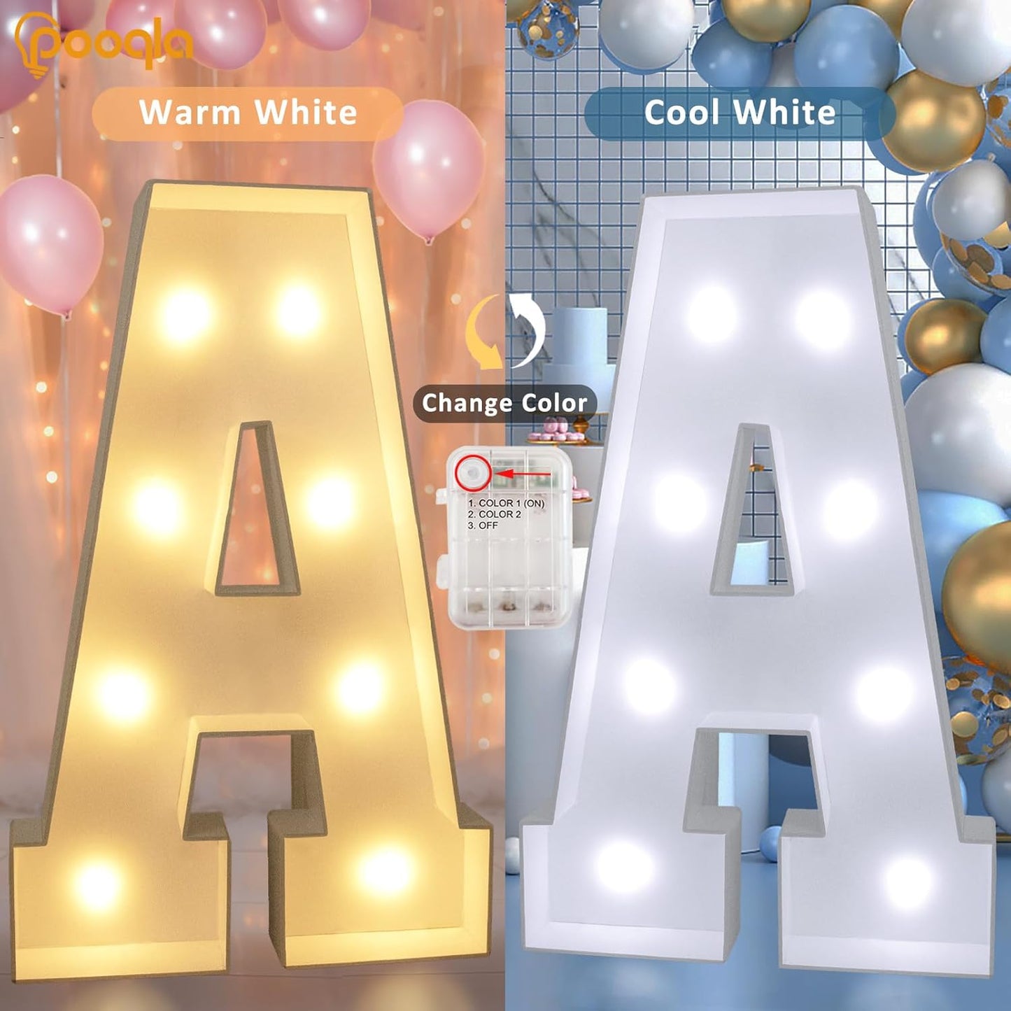 Pooqla 3FT Marquee Light Up Letters, LED Big Mosaic Marquee Letters 3 Feet, Giant LED Sign for Balloons Birthday Anniversary Wedding Party Decoration, Cool White and Warm White Letter O