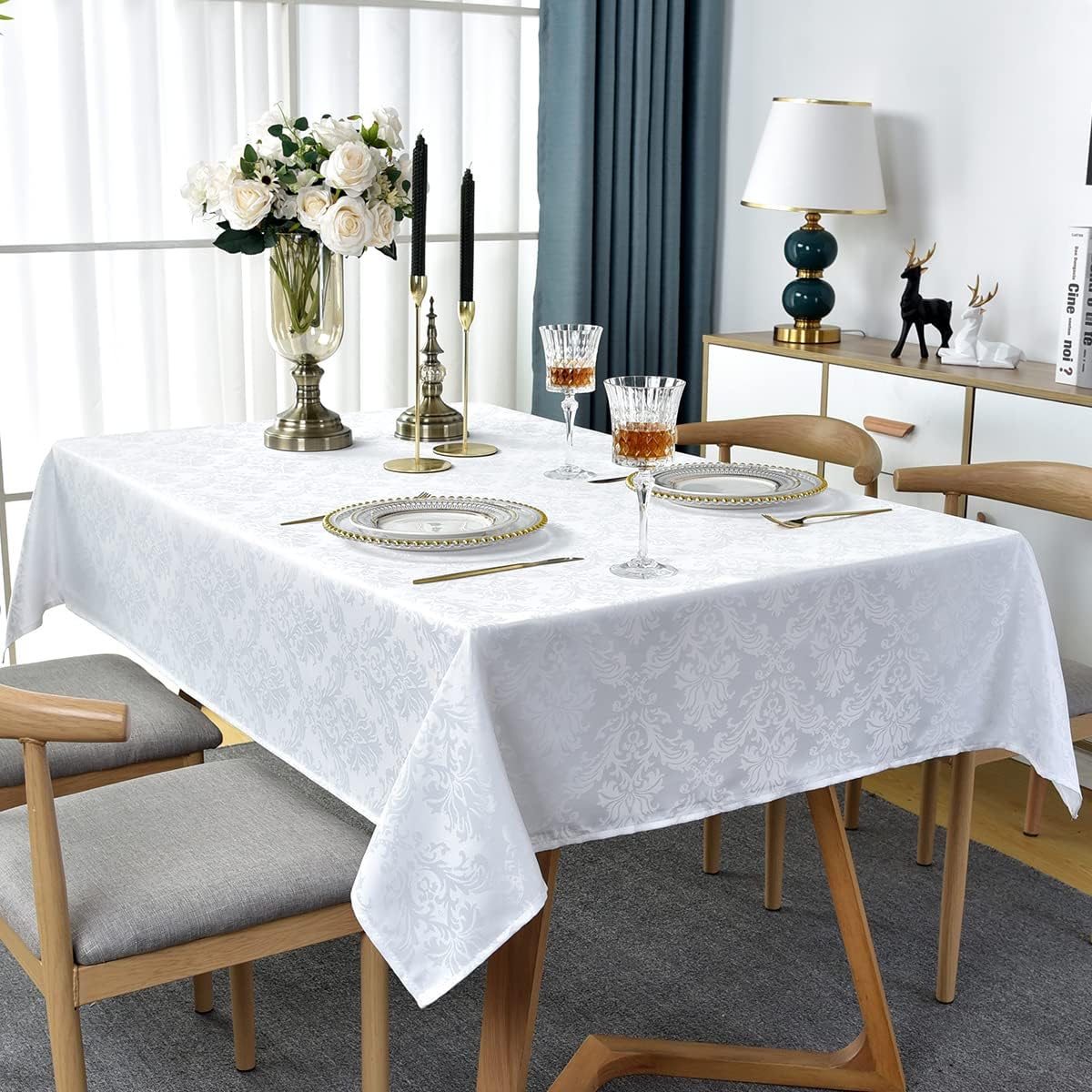 SASTYBALE White Tablecloth Rectangle 60 x 120 Inch Jacquard Damask Tablecloth, Spill Proof & Wrinkle Free Table Cloth, Heavy Duty Table Cover for Dining, Party, Indoor, Outdoor