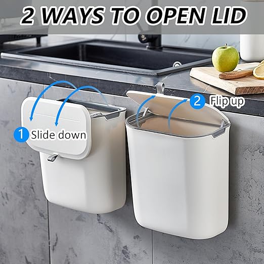 ELPHECO Compost Bin, 2.5 Gallon Hanging Trash Can with Lid, Kitchen Cabinet Door Under Sink Plastic Garbage Can Wall Mounted Slide Open, White - Image 6