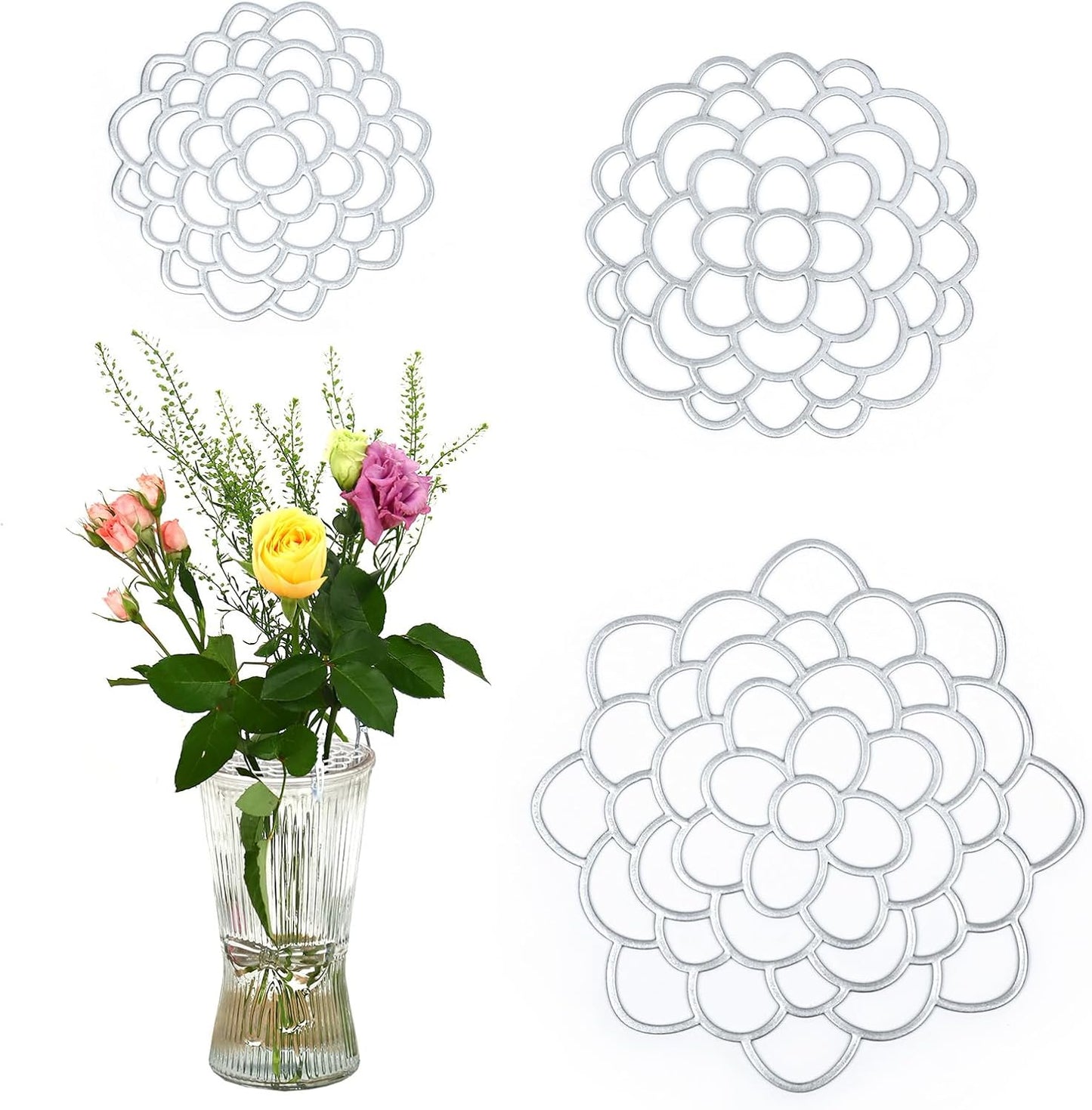 KOYILTD 3 Pcs Modern Flower Frog Metal Flower Arrangement Holder Floral Grid Used for Vase Flower Arrangement Art Convenient Stem Holder for Flowers Flower Frog Organizer Metal Lid for Vase (Silver)