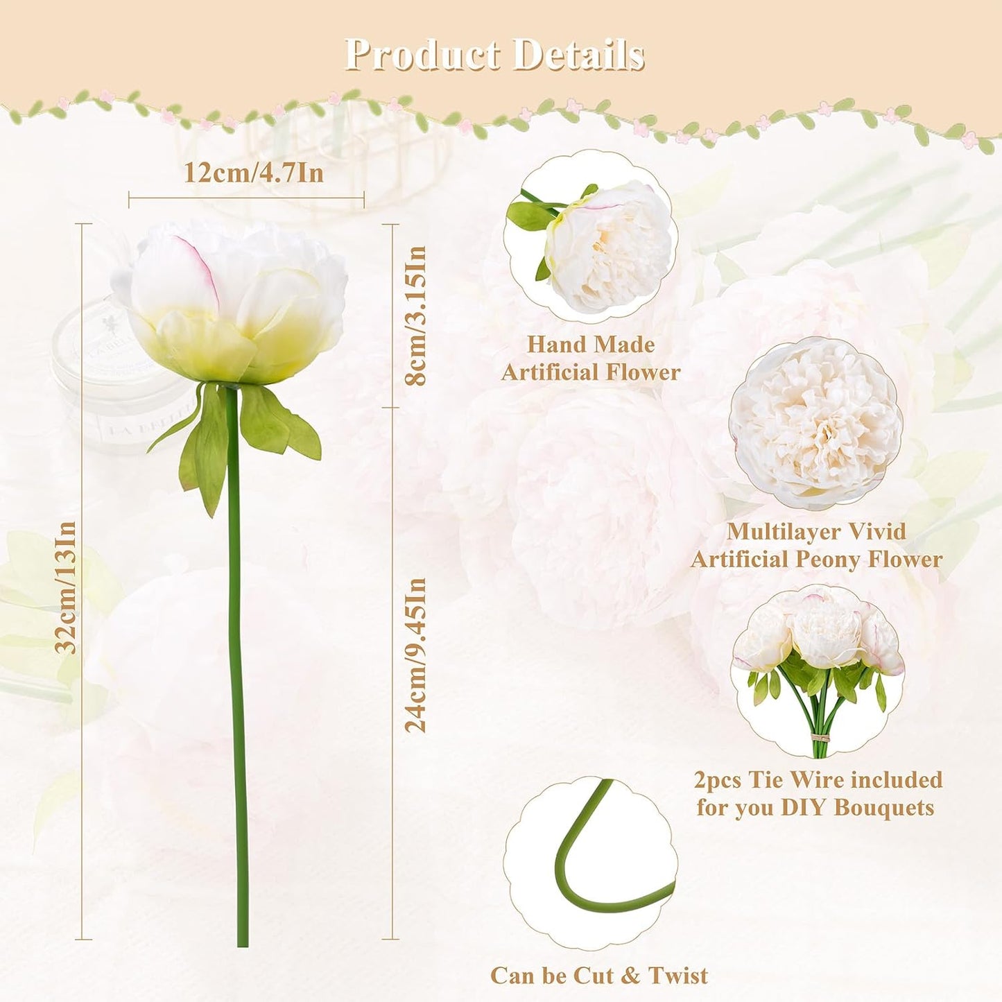 U'Artlines 2 Bouquet 10 Heads Artificial Peony Silk Flower Leaf Home Office Wedding Party Festival Bar Decor (Cream White)