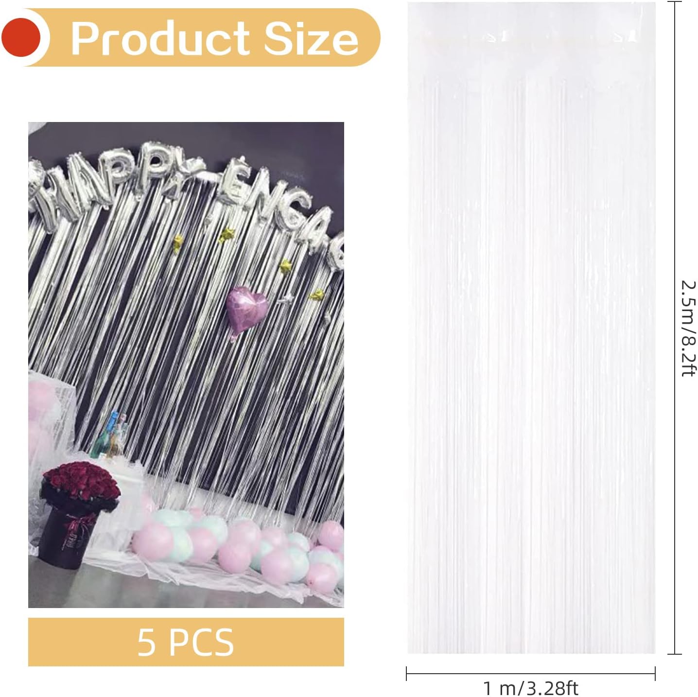 5 Pack White Fringe Foil Curtain 3.2ft x 8.2ft Tinsel Backdrop Streamers for Birthday Party Decoration Wedding Christmas