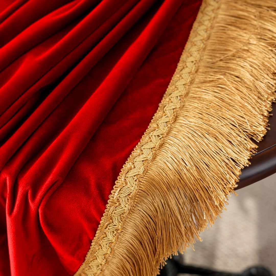F-CHU Red Tablecloth Thickset Velvet Tablecloth with Beautiful Gold Tassels Vintage Table Cloth for Home Decor Wedding, Party, Banquet and Events 60x86-Inch