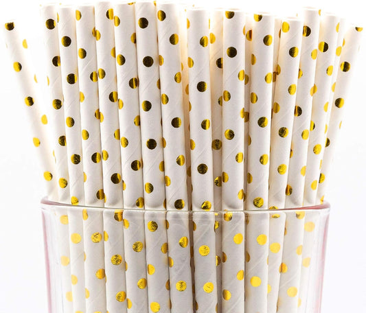 Pack of 900 Gold Polka Dot Foil Biodegradable 4-Ply Paper Drinking Straws (Compostable, Non-toxic, BPA-free)