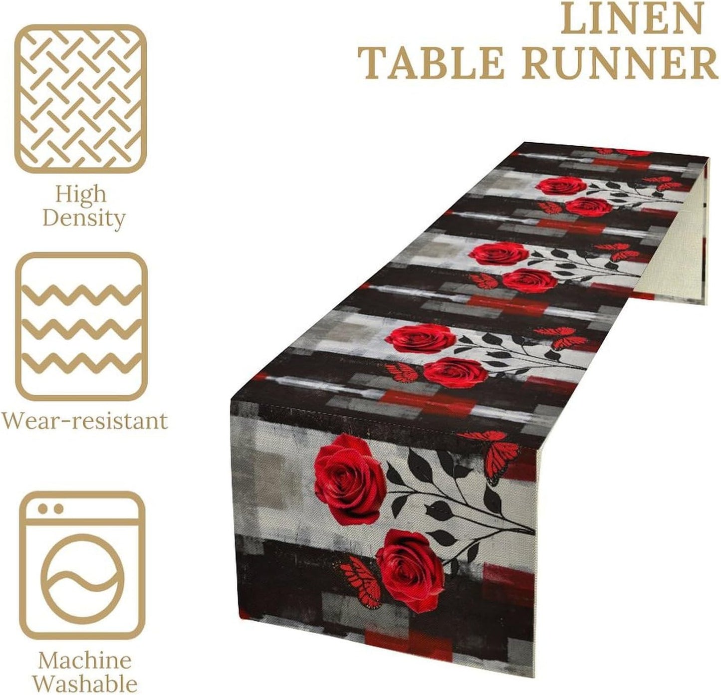 Abstract Art Rose Table Runner, Red Roses Floral Butterfly Black Red Grey Ink Background Pattern Kitchen Dinning Table Runner for Indoor Outdoor Home Wedding Party Holiday, 13x36 Inch