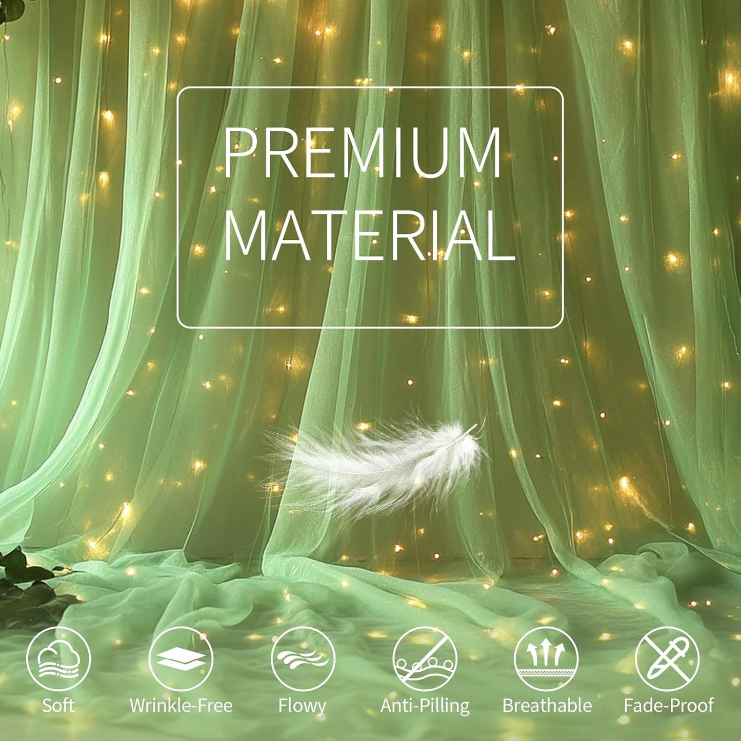 Sage Green Tulle Backdrop Curtain with Lights String - 10x8ft Sheer Backdrop with 250 LEDs for Wedding, Baby Shower, Bridal Shower, Birthday Party Photo Shoot Background and Home Decorations