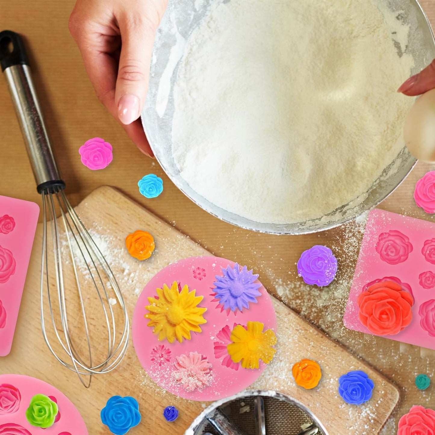 4 Pcs Flower Silicone Molds, Fondant Cake Flower Mold Silicone Daisy Rose Clay Mold Polymer Clay Molds for Cupcake DIY Crafts Cake Decoration