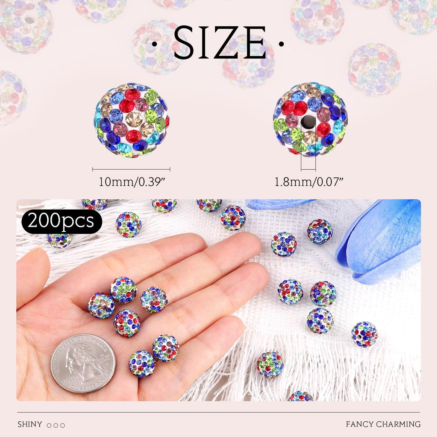 200pcs 10mm White Mixed Rhinestone Beads for Jewelry Making, Shiny Round Shamballa Disco Ball Beads, Sparkle Crystal Clay Christmas for Bracelet Baseball Necklace Earring Crafting and DIY