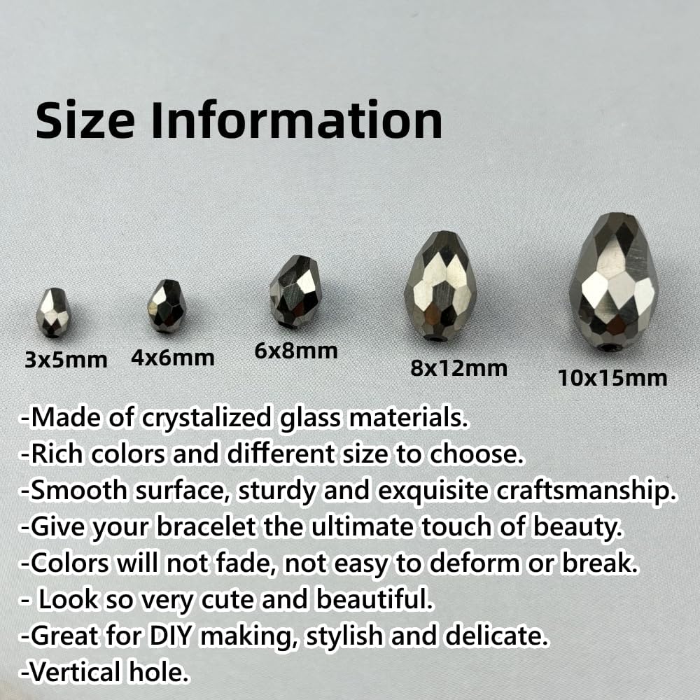 200pcs 3x5mm Teardrop Crystal Glass Beads for Jewelry Making, Faceted Vertical Hole Teardrop Glass Spacer Beads for Wind Chimes Bracelet Earring Necklace DIY Craft(Silver)