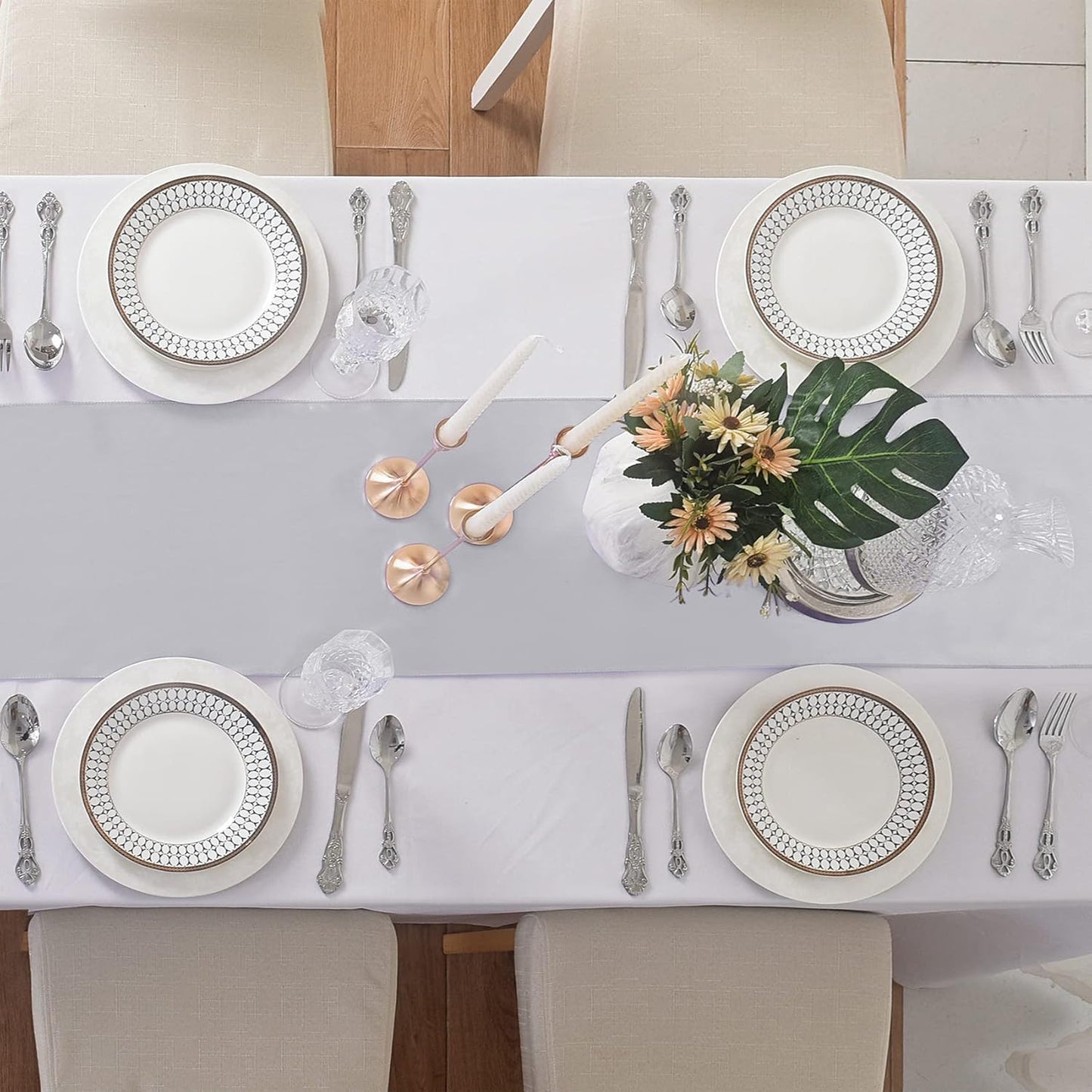 24Pack Table Runner 12 x 108 Inches Satin Silk Table Runner for Wedding, Birthday Party, Banquets, Graduations Decoration, fit Rectange and Round Table-Silver