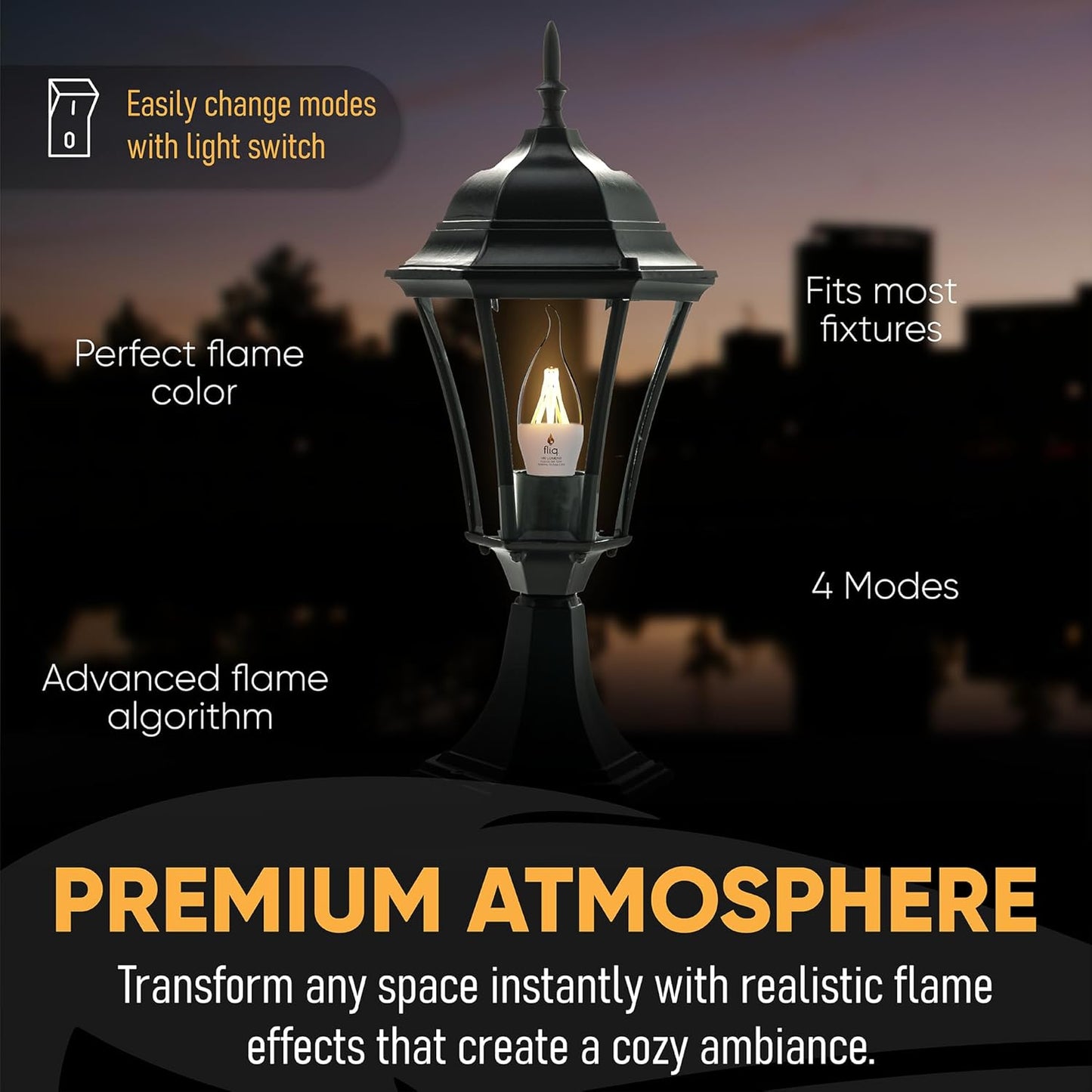 Fliq | LED Flame Light Bulb | 2 Pack | 2W | 4 Modes | Flickering Flame Bulb | 2023 Release | (Standard Clear E26)