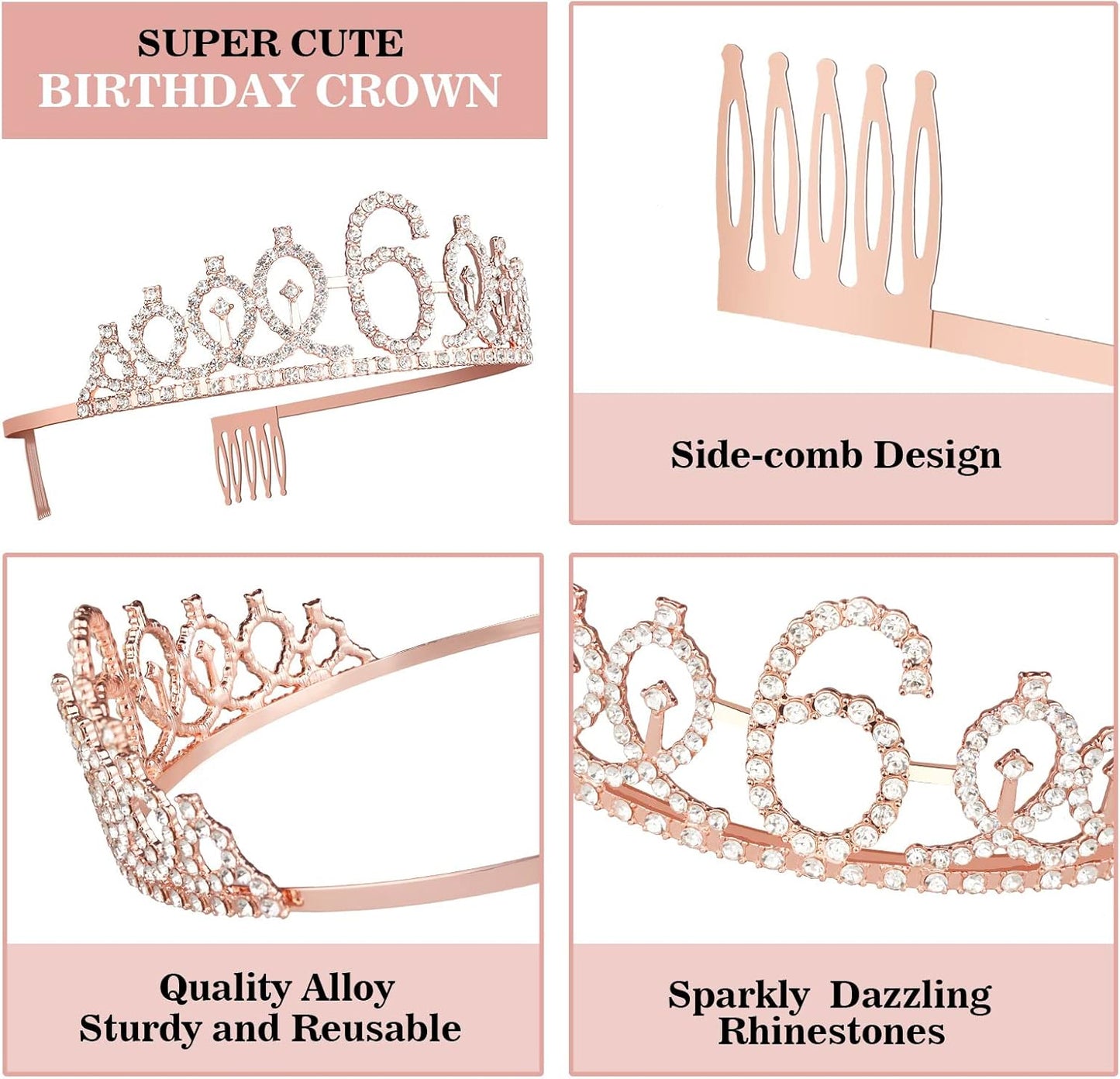 6th Birthday Decorations for Girl Including Sash, Crown, Numeral Candle and Cake Topper, 6 Year Old Birthday Decorations Rose Gold Party Favor Supplies