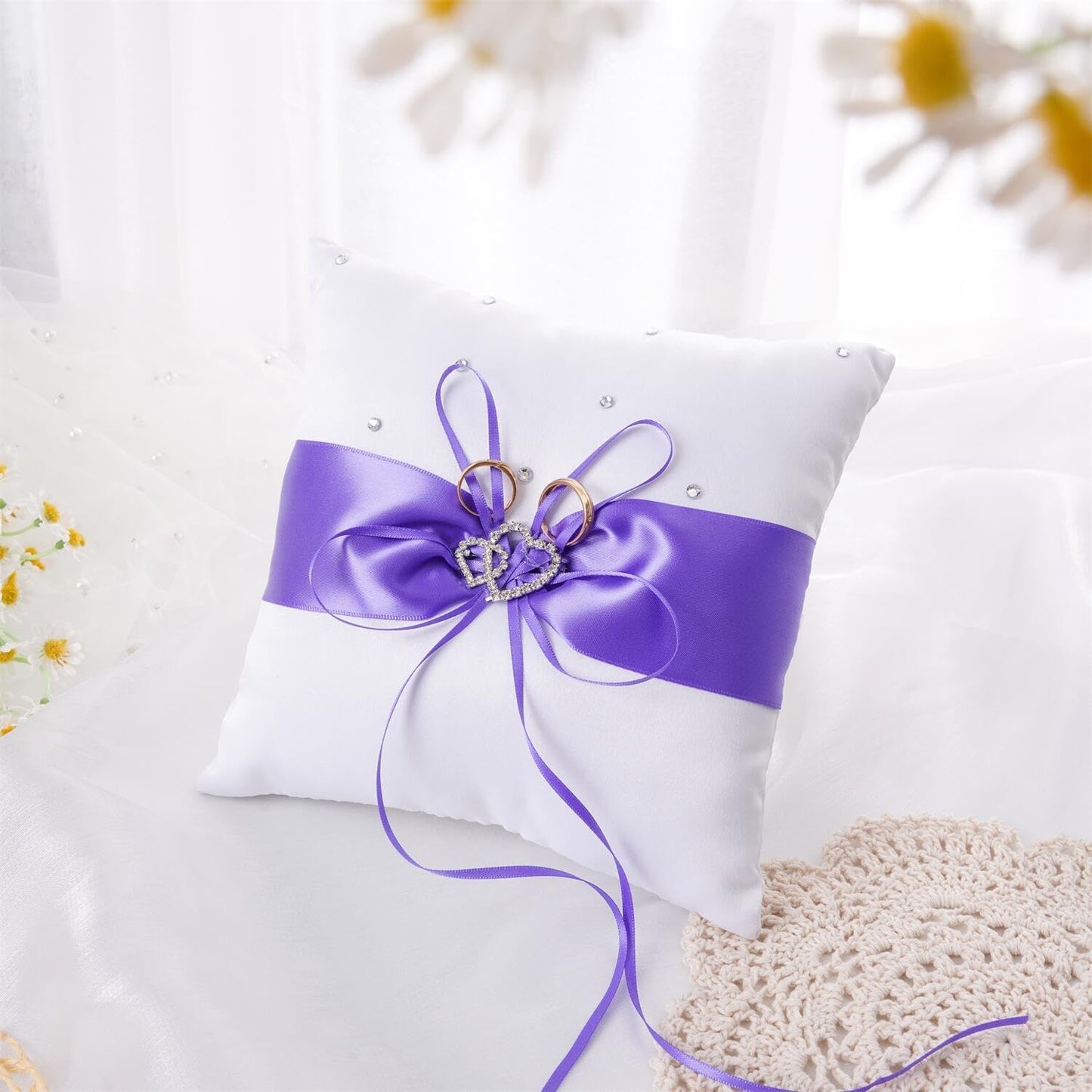 QIRMIZI Wedding Ring Pillow and Flower Girl Basket Set – Adorned with Pearl Rhinestones, White Satin,Purple