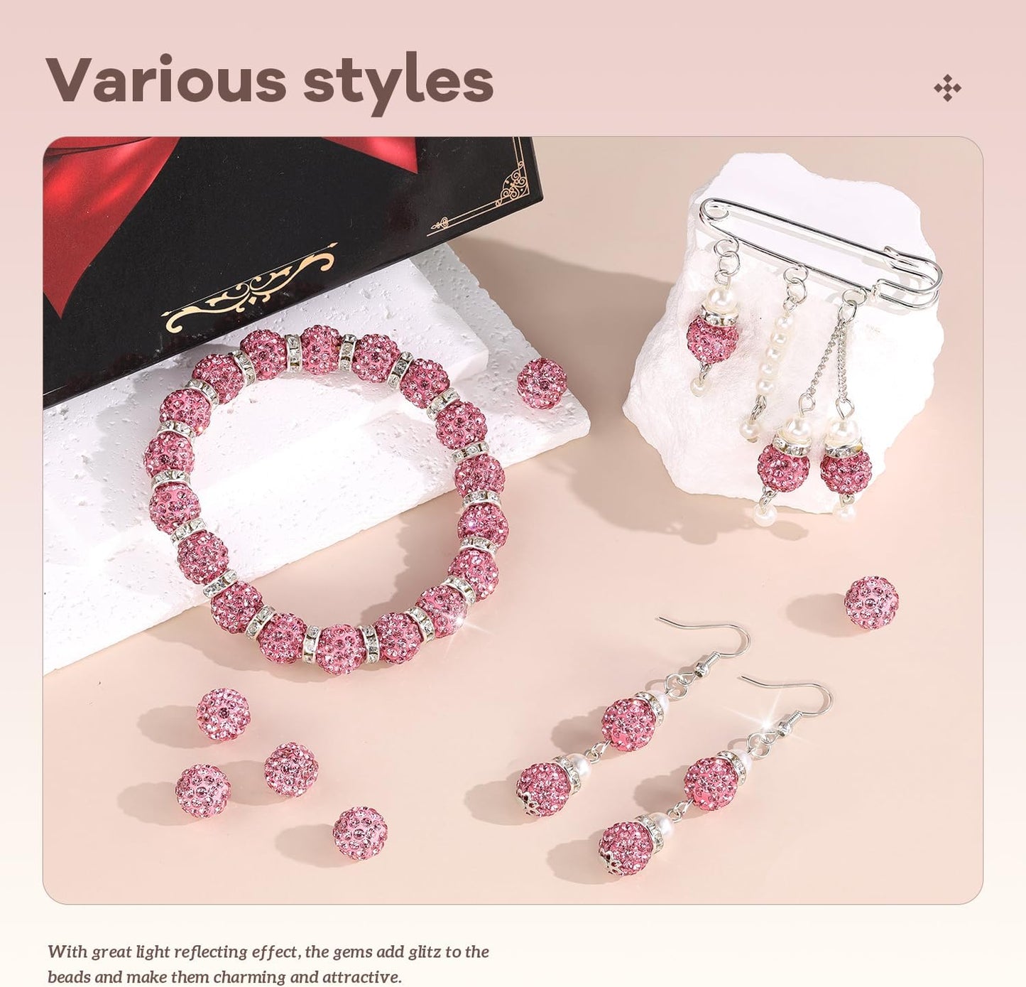 105pcs 10mm Rhinestone Beads for Jewelry Making, Dark Pink Shiny Round Disco Ball Beads Bulk, Sparkle Crystal Clay Christmas for Bracelet Baseball Necklace Earring Crafting and DIY