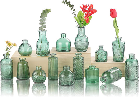 Bud Vases in Bulk 15 Pcs,Small Glass Vases for Flowers as Wedding Centerpieces for Tables,Clear Flower Vases Suitble for Wedding Decorations,Christmas,Anniversary,Birthday Party (Dark Green)