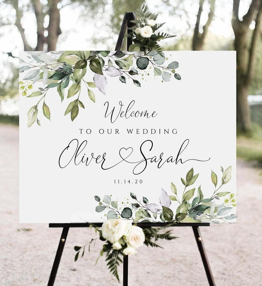 Welcome To Our Wedding Sign, Welcome To Our Wedding Sign With Stand, Custom Greenery Wedding Welcome Sign - Elegant Eucalyptus Wedding Welcome Sign