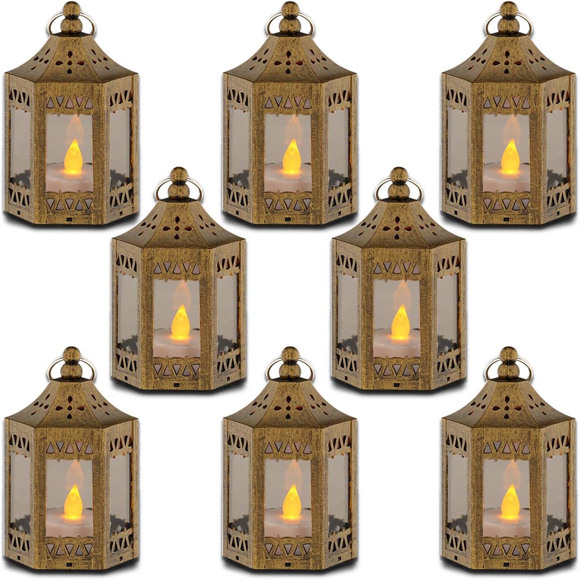zkee Mini Star Lanterns with Flickering LED, Battery Included, Decorative Hanging Lanterns for Christmas & Indoor Use (Set of 8, Golden Brushed)