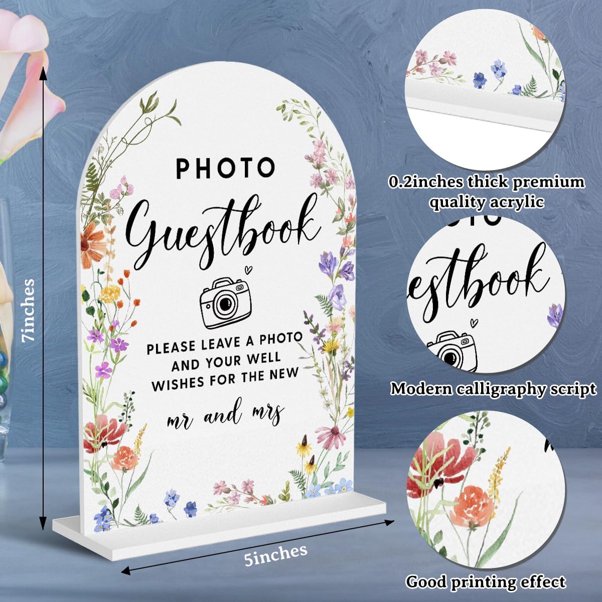 Acrylic Wedding Signs, Photo Guestbook Signs for Marriage Reception, Bridal Shower Decorations, Modern Arched Round Top Acrylic Table Top Sign with Holder for Wedding Party Dinner (White Wildflowers)