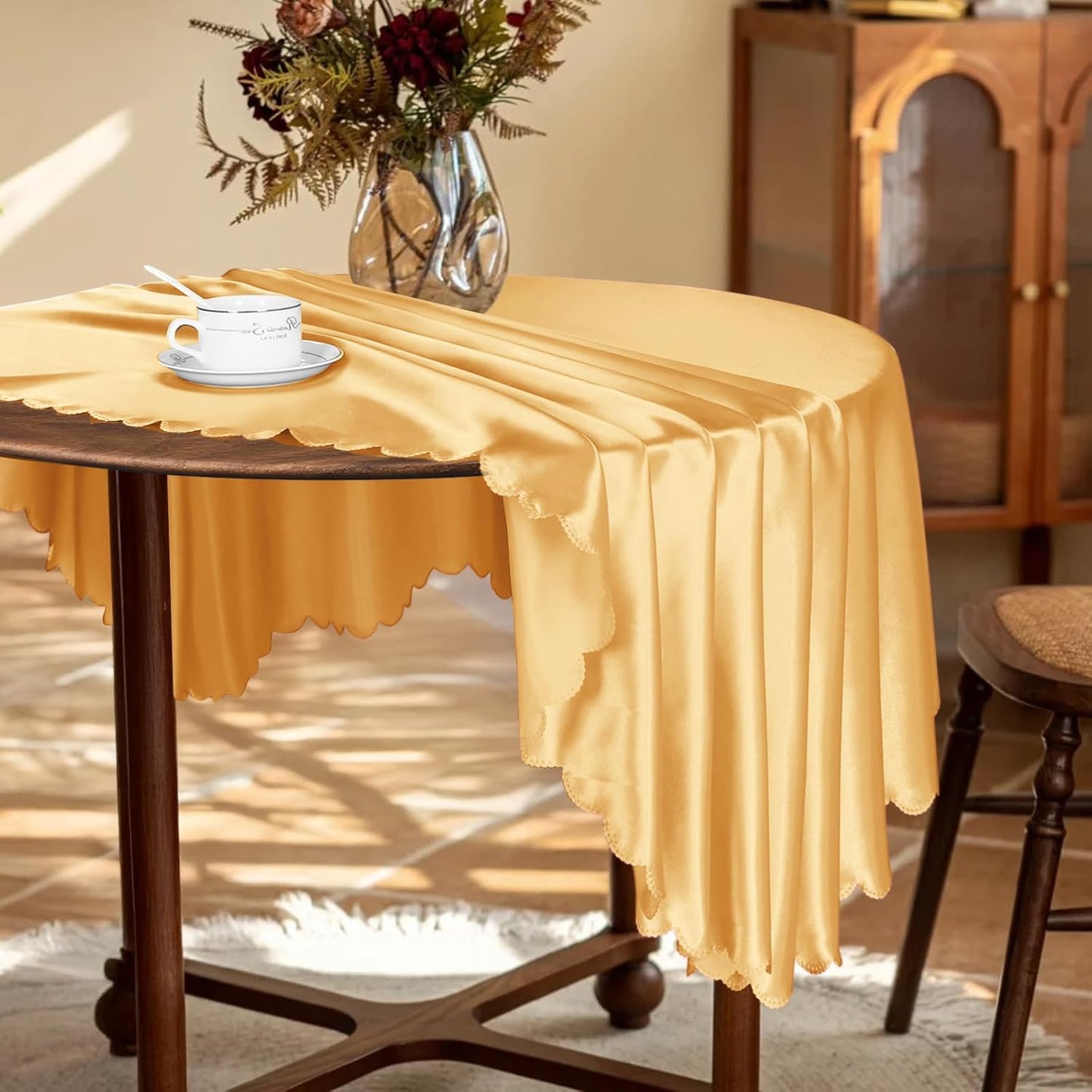 KKJIAF 1 Pack 108 Inch Round Table Cloth, Gold Overlay Round Satin Table Cover, Silky Satin Dining Tablecloths for Wedding Buffet Parties Banquet Decoration