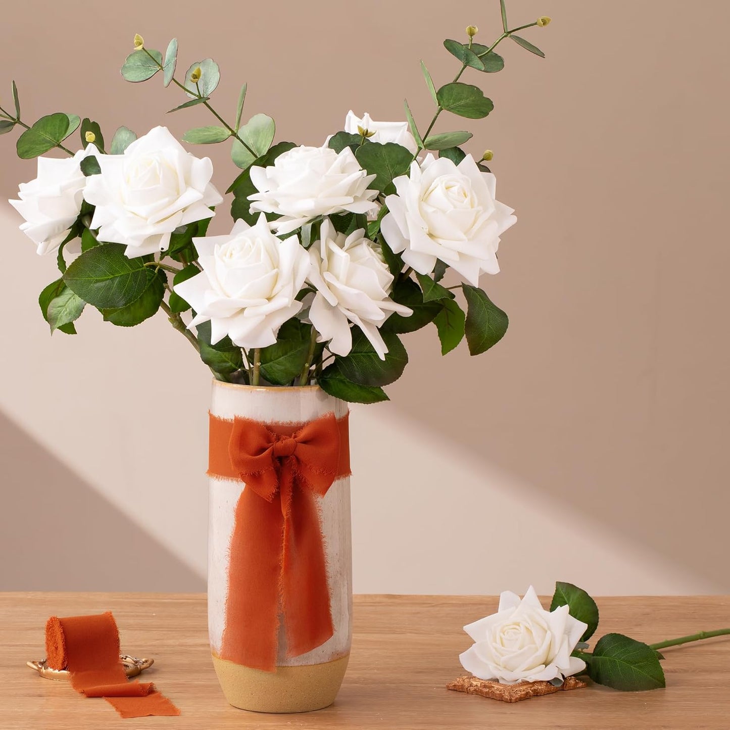 DORIS HOME 2" x21Yd Chiffon Ribbon for Flower Bouquet, Orange & Cream Fabric Ribbon for Gift Wrapping, Handmade Frayed Ribbon for Wedding/Christmas Decorations