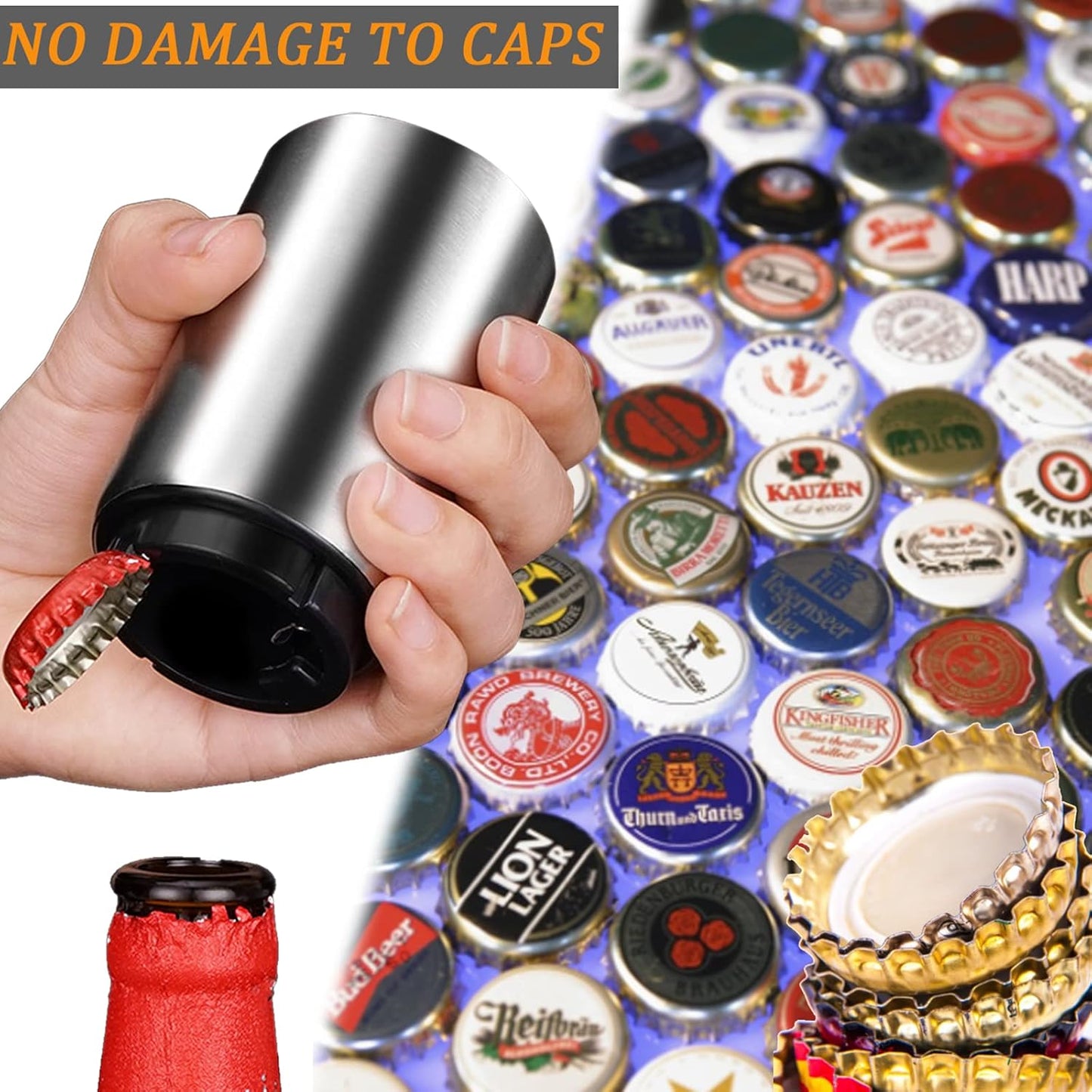 Portable Push Down Magnetic Beer Bottle Openers (8 Packs), No Damage to Caps, Quick to Open, Automatic Stainless Steel Pop the Top Cap Opener for Home Bar Camping and Traveling, Bartender Opening Tool