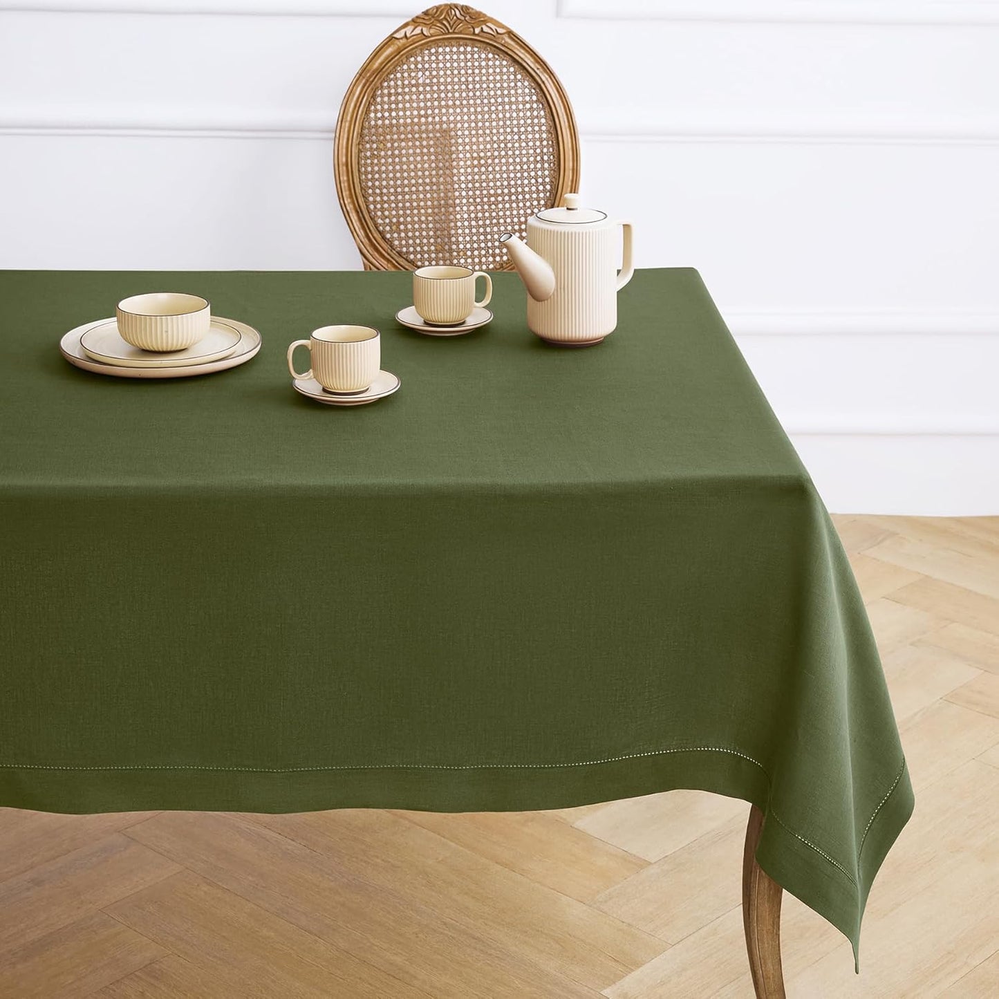 Solino Home Olive Linen Tablecloth 60 x 120 Inch - 100% Pure Linen Hemstitch Table Cloth for Rectangle Tables - Classic Hemstitch, Machine Washable Tablecloth for Fall, Autumn, Thanksgiving
