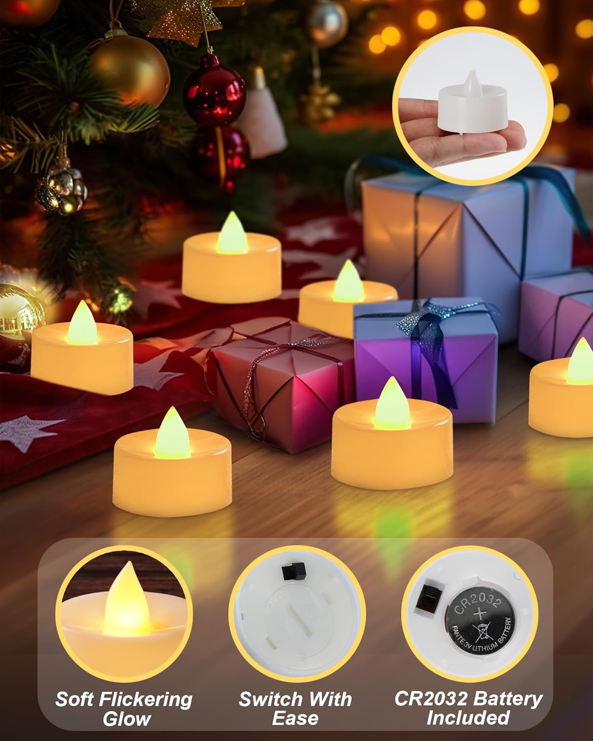 BEICHI Flameless LED Tea Lights - 50 Pack Battery Operated Flickering Fake Candles for Wedding, Halloween, Christmas, Diwali - Warm Yellow