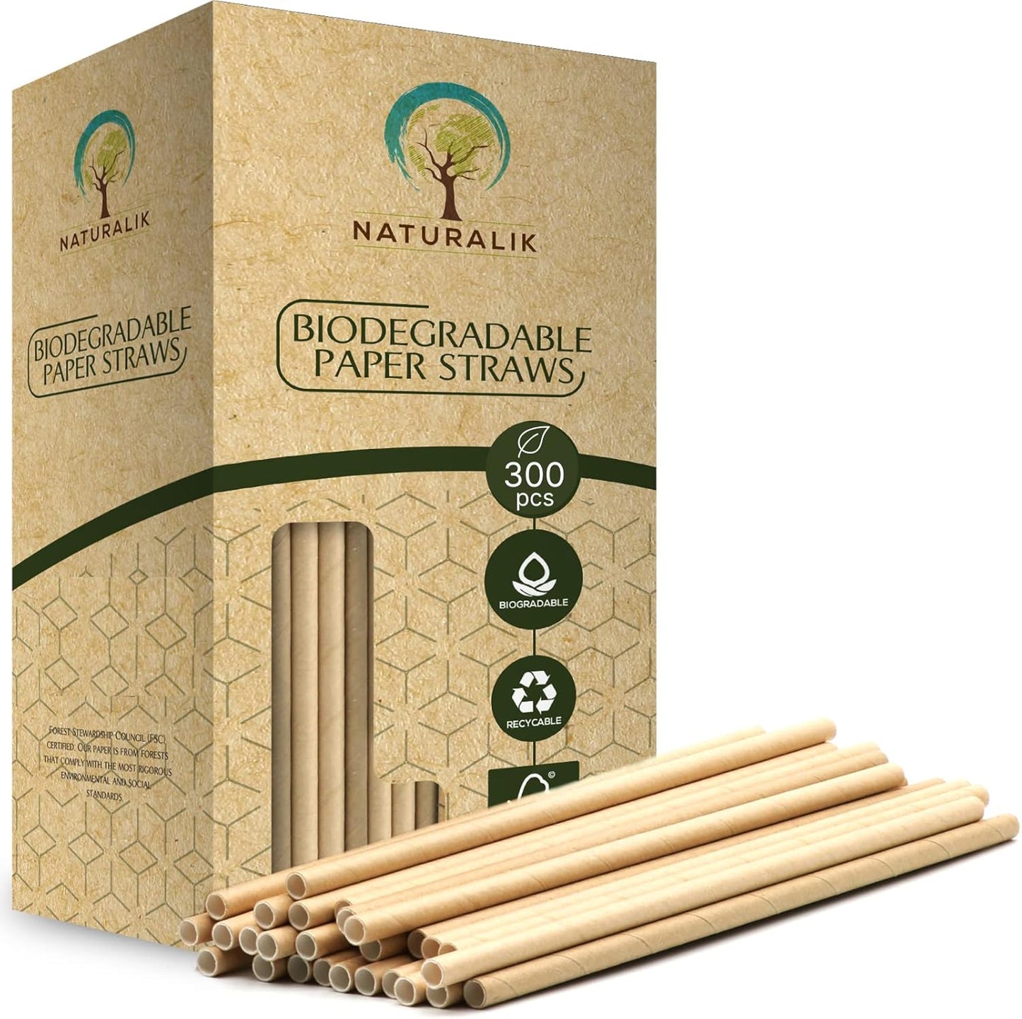 300/1000-Pack Extra Durable Brown Paper Straws Biodegradable- Premium Toxin Free Paper Straws Bulk- Drinking Straws for Juices, Restaurants and Party supplies, 7.7" (Brown, 300ct)
