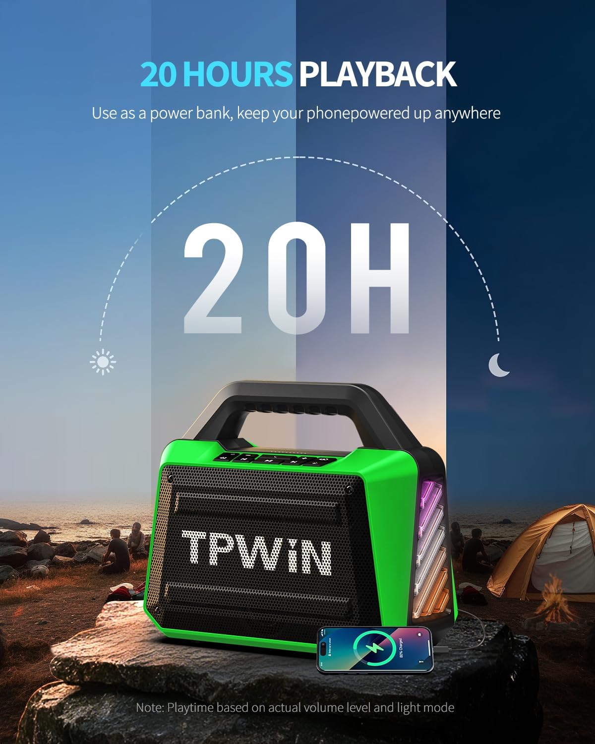 Bluetooth Speaker - 80W Loud Rugged Outdoor Speakers, IPX6 Waterproof, 20H Playtime, Deep Bass, Lightshow, TWS, BT 5.3 Wireless, Portable for Travel Hiking Camping Beach Pool - Green