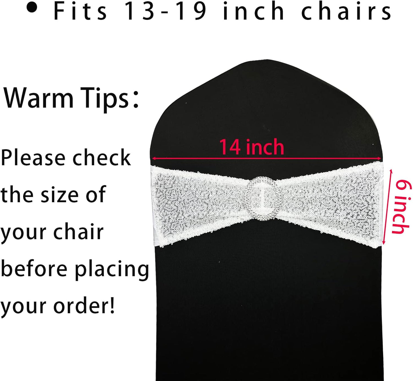 Sequin Chair Sashes Stretch Chair Bands Spandex Polyester Bows for Party Hotel Wedding Banquets Decoration - 6 Pcs White