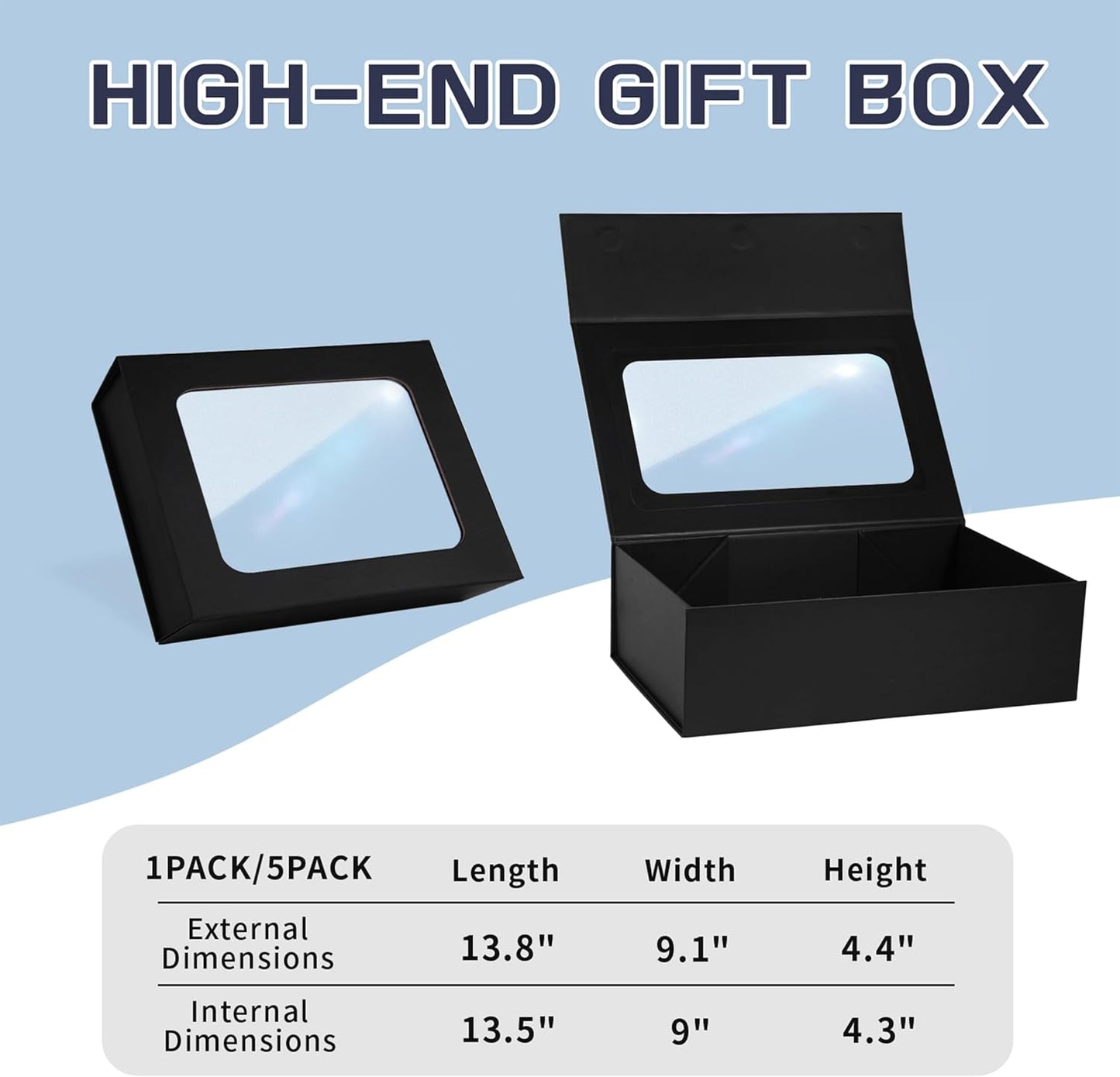 TIACABO Black Large Gift Box with Window, 13.5"x9"x4.3" Bridesmaid Boxe for Gifts Giving,Birthday Gift Boxes with Magnetic,Closure Lid Gifts Box for Presents,Cute Boxe,Luxury for Gift Packaging