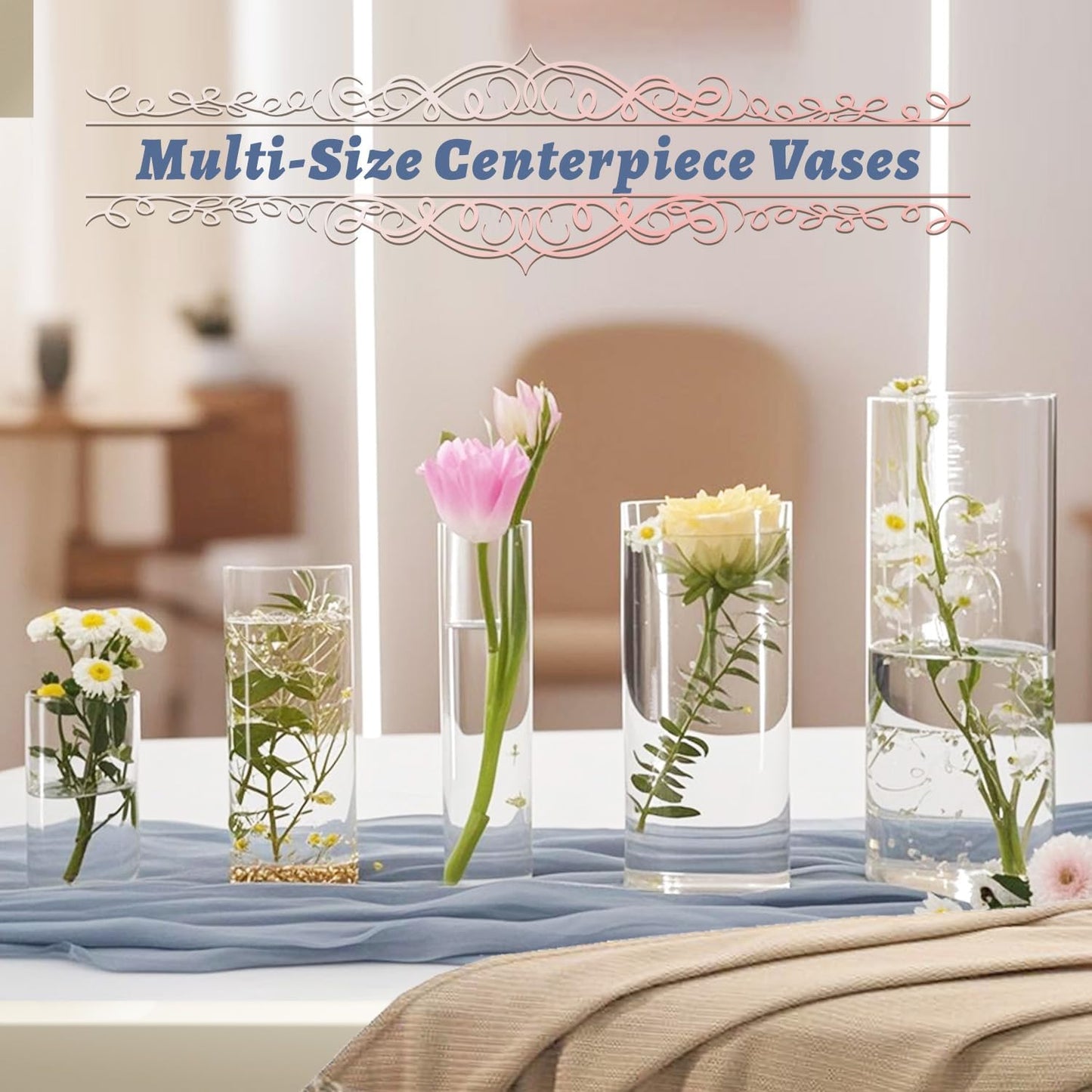 60pcs Glass Vase Cylinder Vases for Centerpieces Small Flower Glass Vases Home Decor Centerpiece Table Clear Flower Vase Decorations for Wedding＆Holiday 6，6，7.8，9.8，11.8 Inch Tall