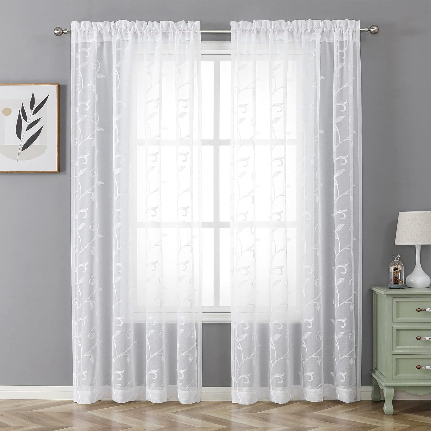 VISIONTEX White Leaves Sheer Voile Curtains, Decorative Embroidery Rod Pocket Window Drapes for Home Living Room and Bedroom 54 x 84 Inch, Set of 2 Curtain Panels